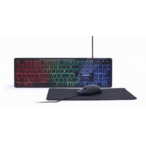 KIT wired GEMBIRD, 3-in1 desktop, tastatura multimedia 104 taste backlight + mouse optic 1000dpi 3 butoane rotita scroll + pad 300x250mm, cablu 1.5m, black "KBS-UML-01"