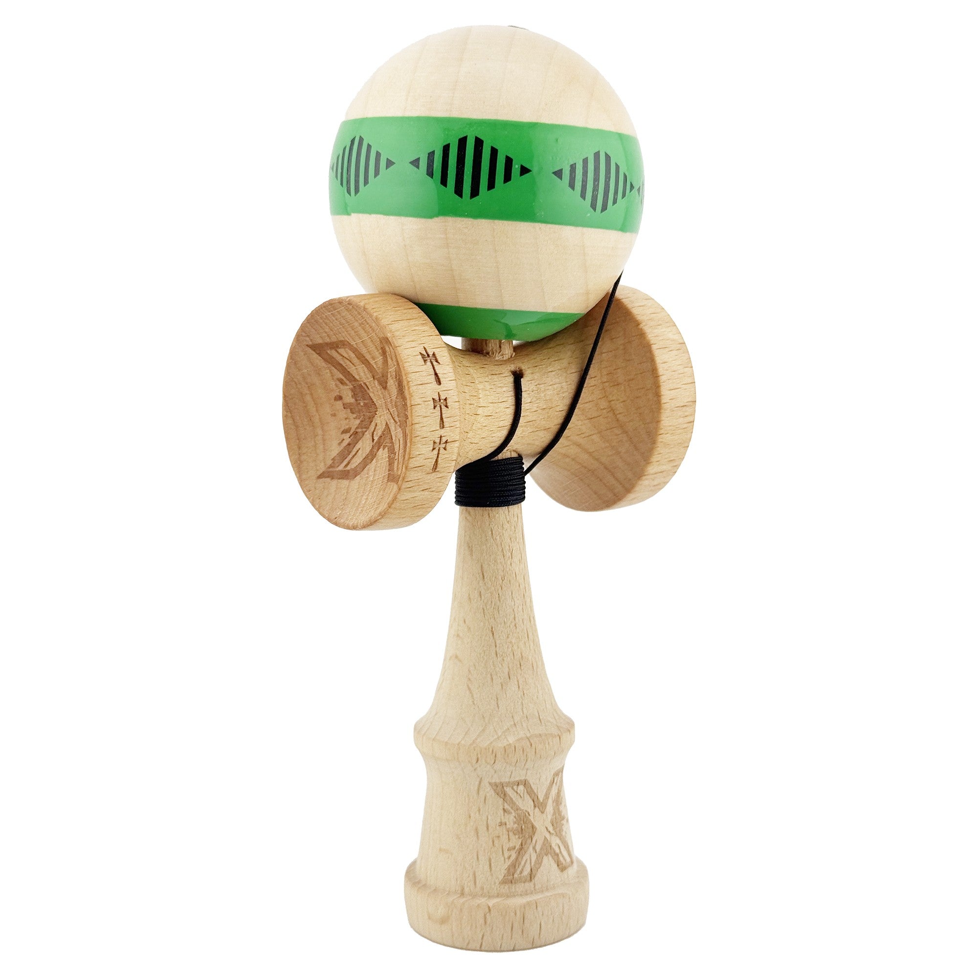Kendama X FREQUENCY Originala, Profesionala, Big Cups V2, Super Sticky cu Cupe Mari, Rulment Metalic, din lemn 18 cm, Ata 55 cm, Verde/Maro