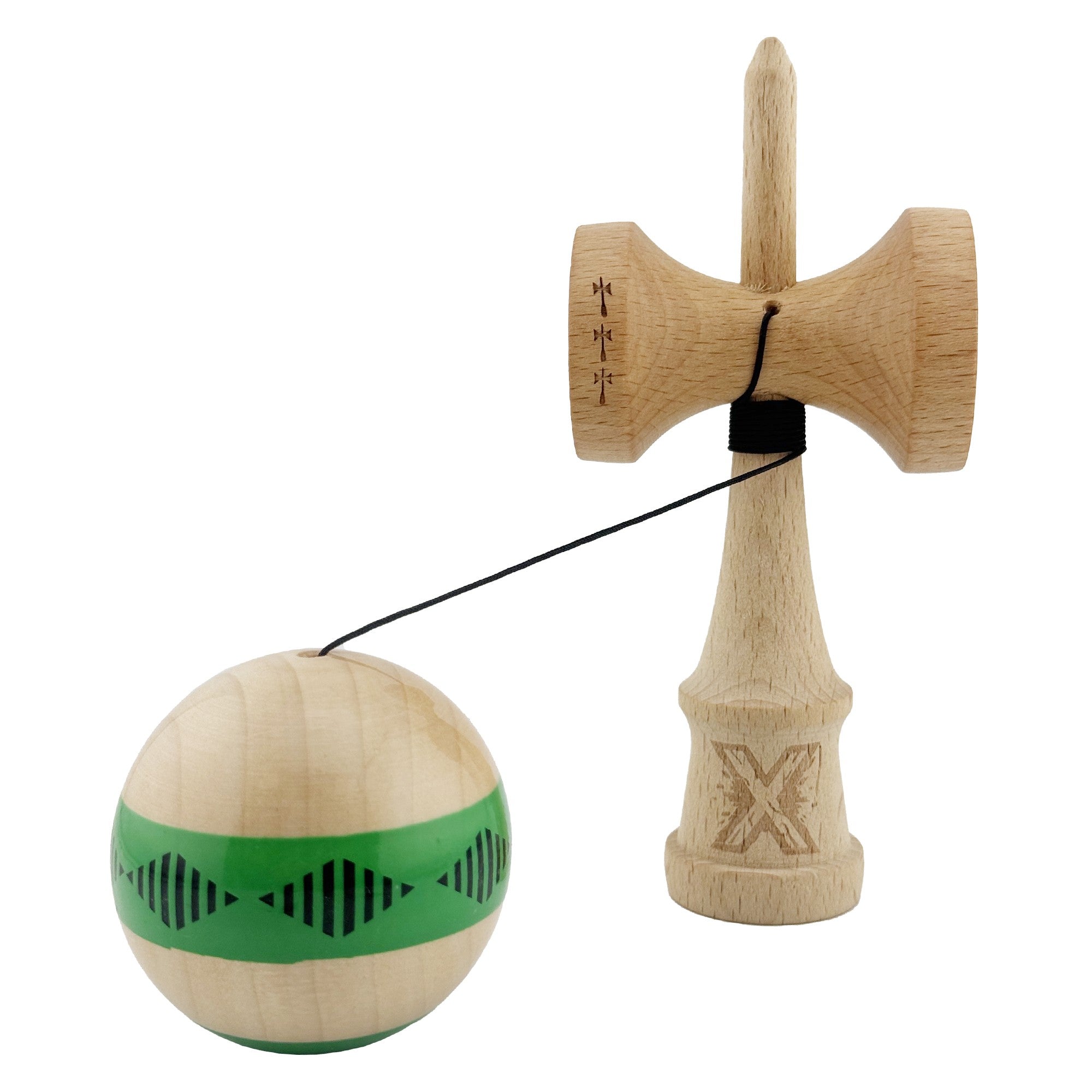 Kendama X FREQUENCY Originala, Profesionala, Big Cups V2, Super Sticky cu Cupe Mari, Rulment Metalic, din lemn 18 cm, Ata 55 cm, Verde/Maro