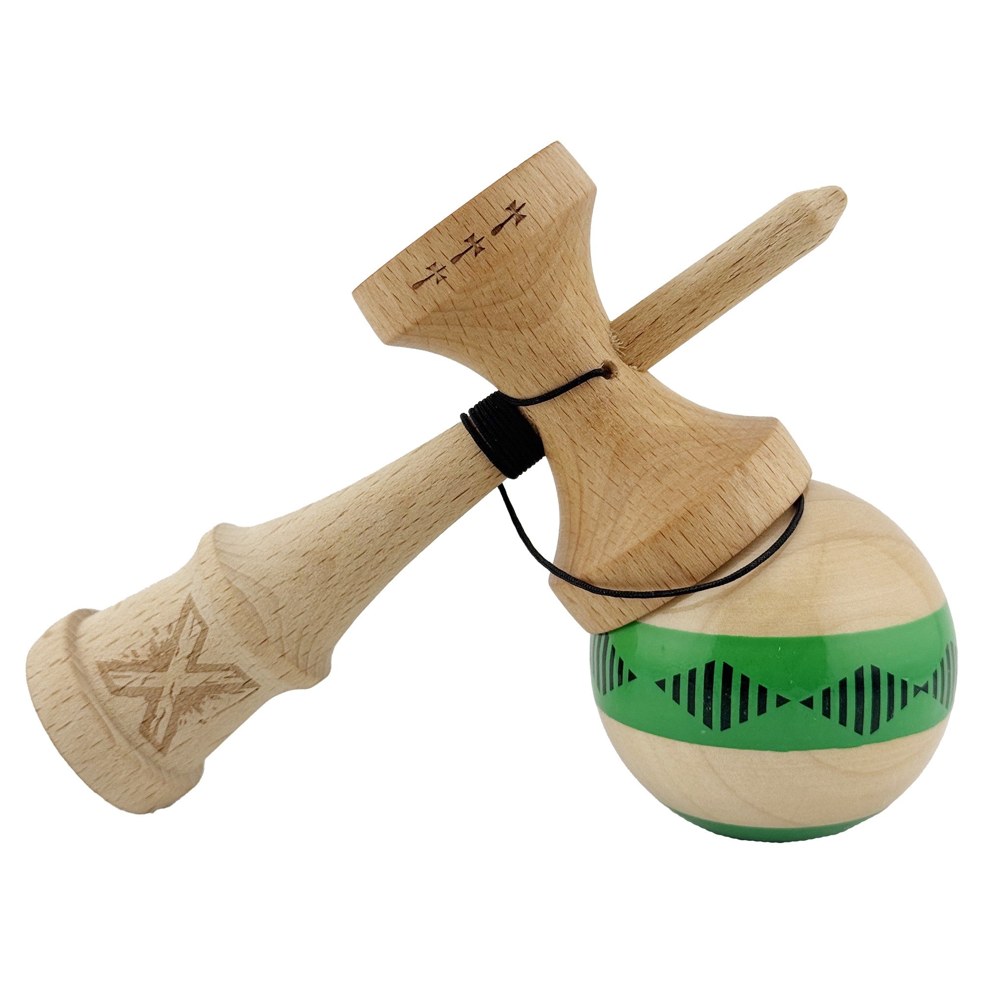 Kendama X FREQUENCY Originala, Profesionala, Big Cups V2, Super Sticky cu Cupe Mari, Rulment Metalic, din lemn 18 cm, Ata 55 cm, Verde/Maro