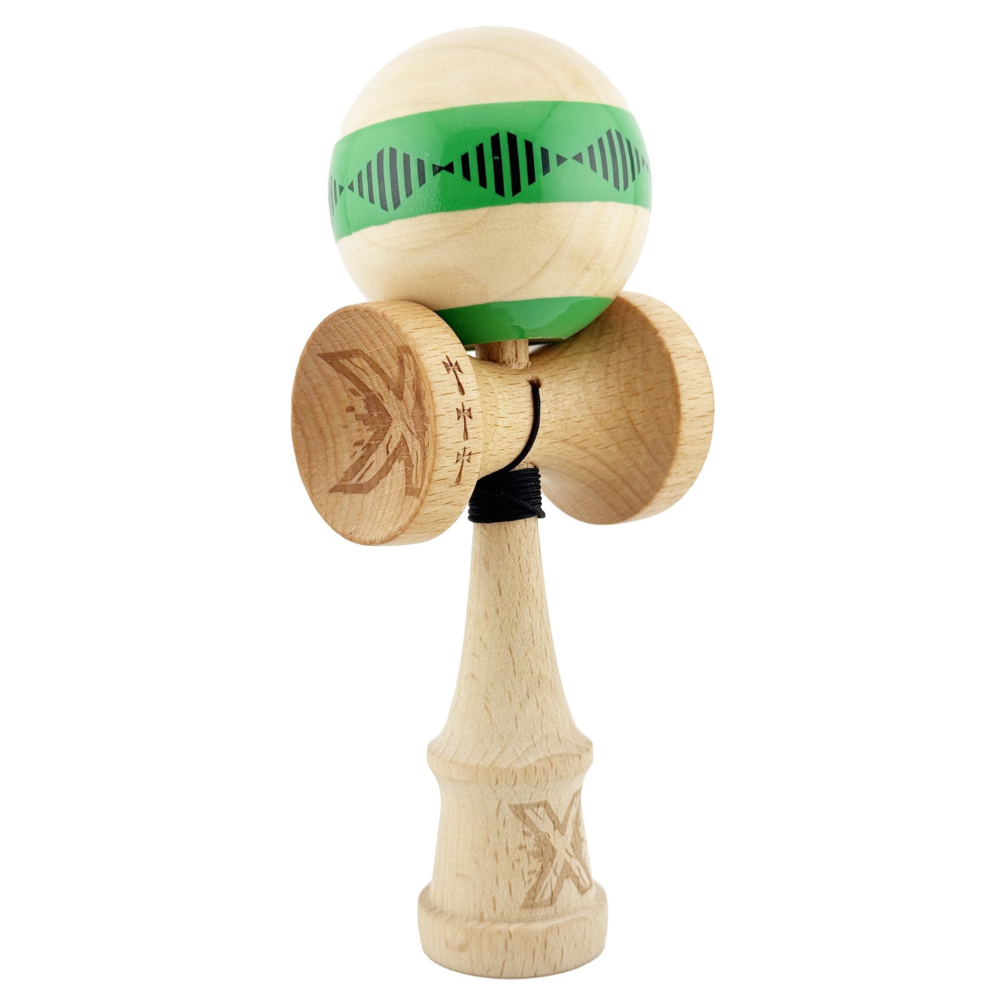 Kendama X FREQUENCY Originala, Profesionala, Big Cups V2, Super Sticky cu Cupe Mari, Rulment Metalic, din lemn 18 cm, Ata 55 cm, Verde/Maro