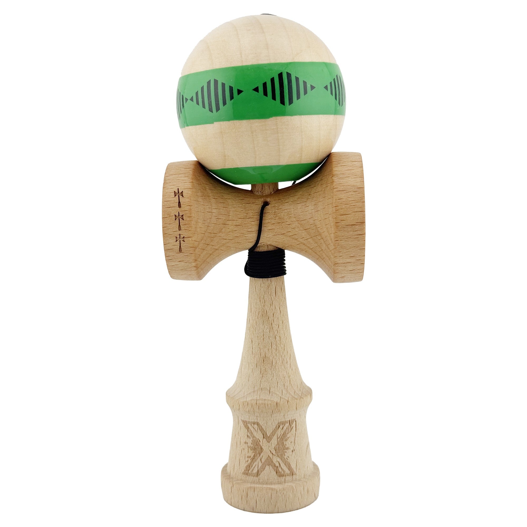 Kendama X FREQUENCY Originala, Profesionala, Big Cups V2, Super Sticky cu Cupe Mari, Rulment Metalic, din lemn 18 cm, Ata 55 cm, Verde/Maro