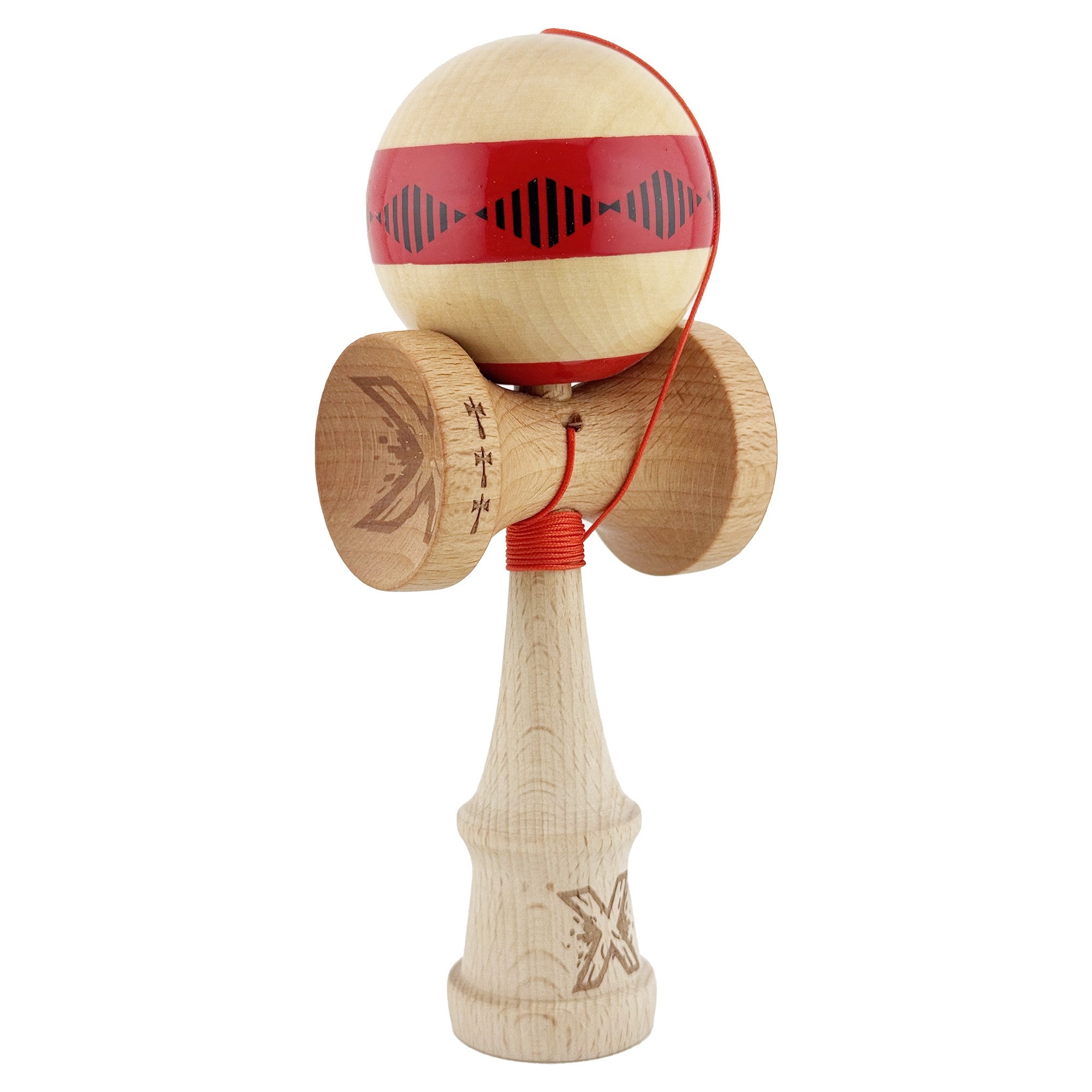 Kendama X FREQUENCY Originala, Profesionala, Big Cups V2, Super Sticky cu Cupe Mari, Rulment Metalic, din lemn 18 cm, Ata 55 cm, Rosu/Maro
