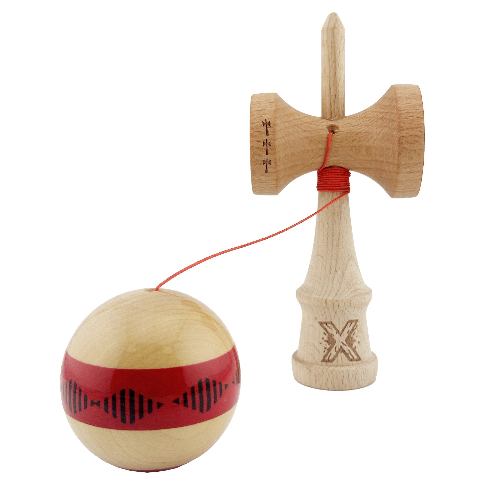 Kendama X FREQUENCY Originala, Profesionala, Big Cups V2, Super Sticky cu Cupe Mari, Rulment Metalic, din lemn 18 cm, Ata 55 cm, Rosu/Maro