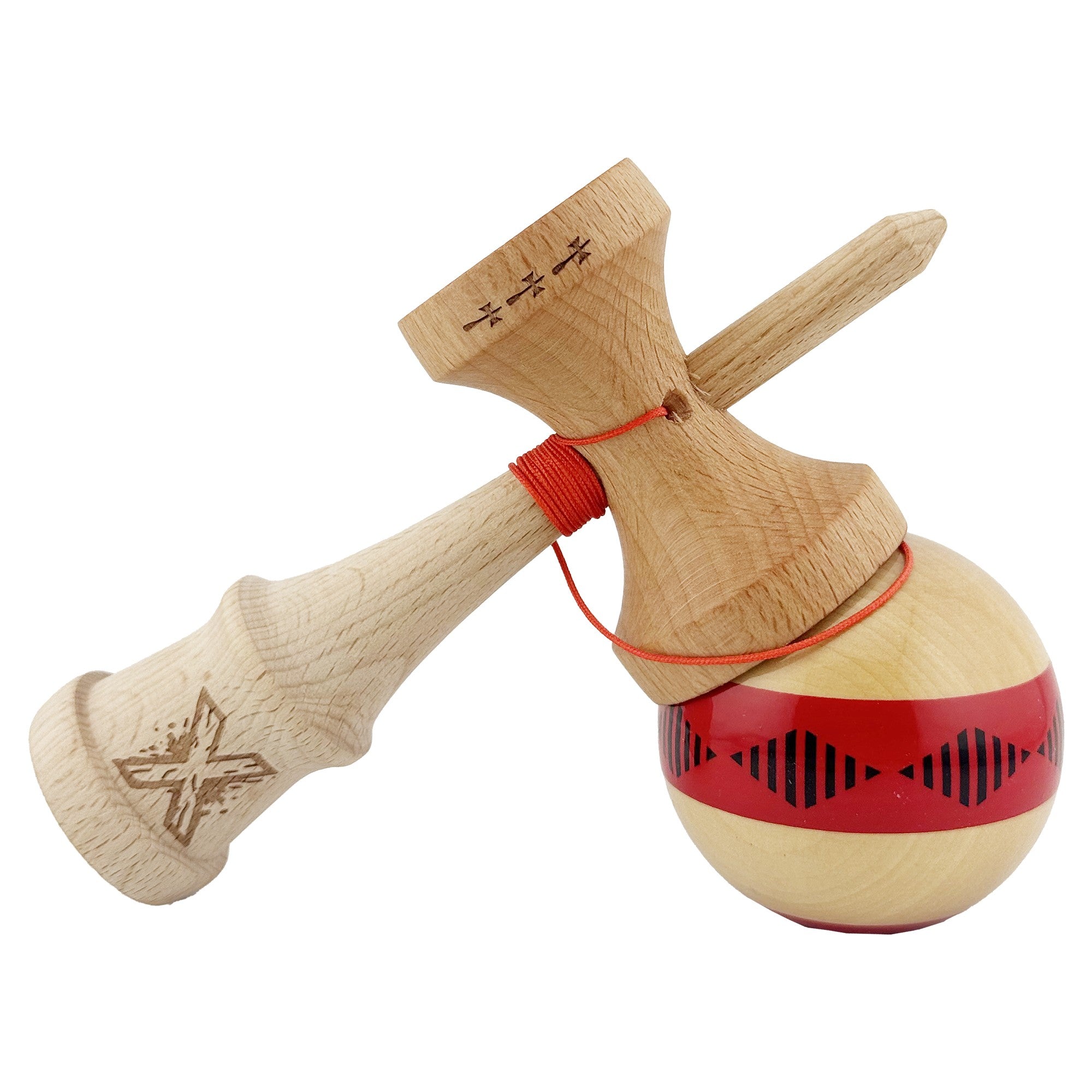 Kendama X FREQUENCY Originala, Profesionala, Big Cups V2, Super Sticky cu Cupe Mari, Rulment Metalic, din lemn 18 cm, Ata 55 cm, Rosu/Maro