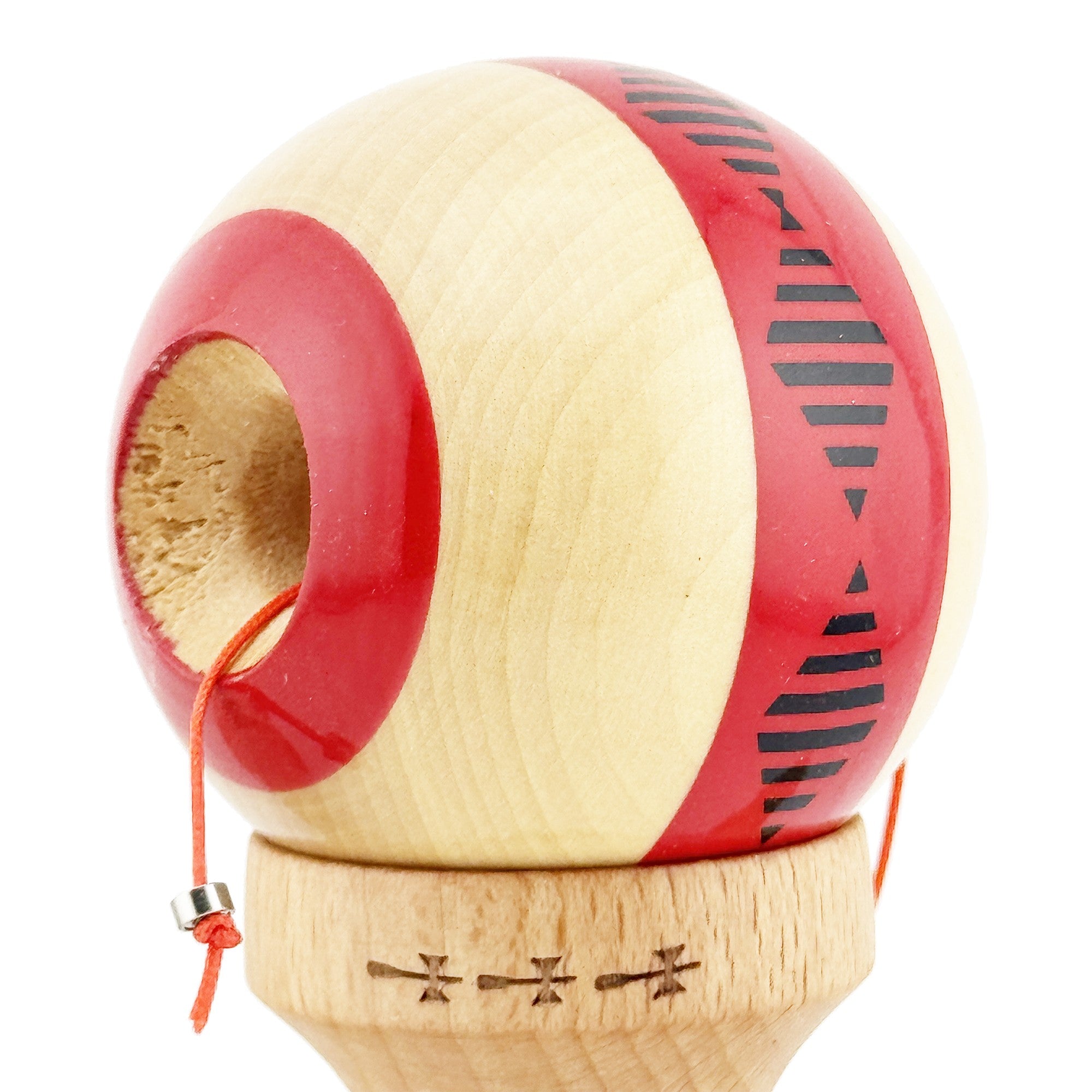 Kendama X FREQUENCY Originala, Profesionala, Big Cups V2, Super Sticky cu Cupe Mari, Rulment Metalic, din lemn 18 cm, Ata 55 cm, Rosu/Maro