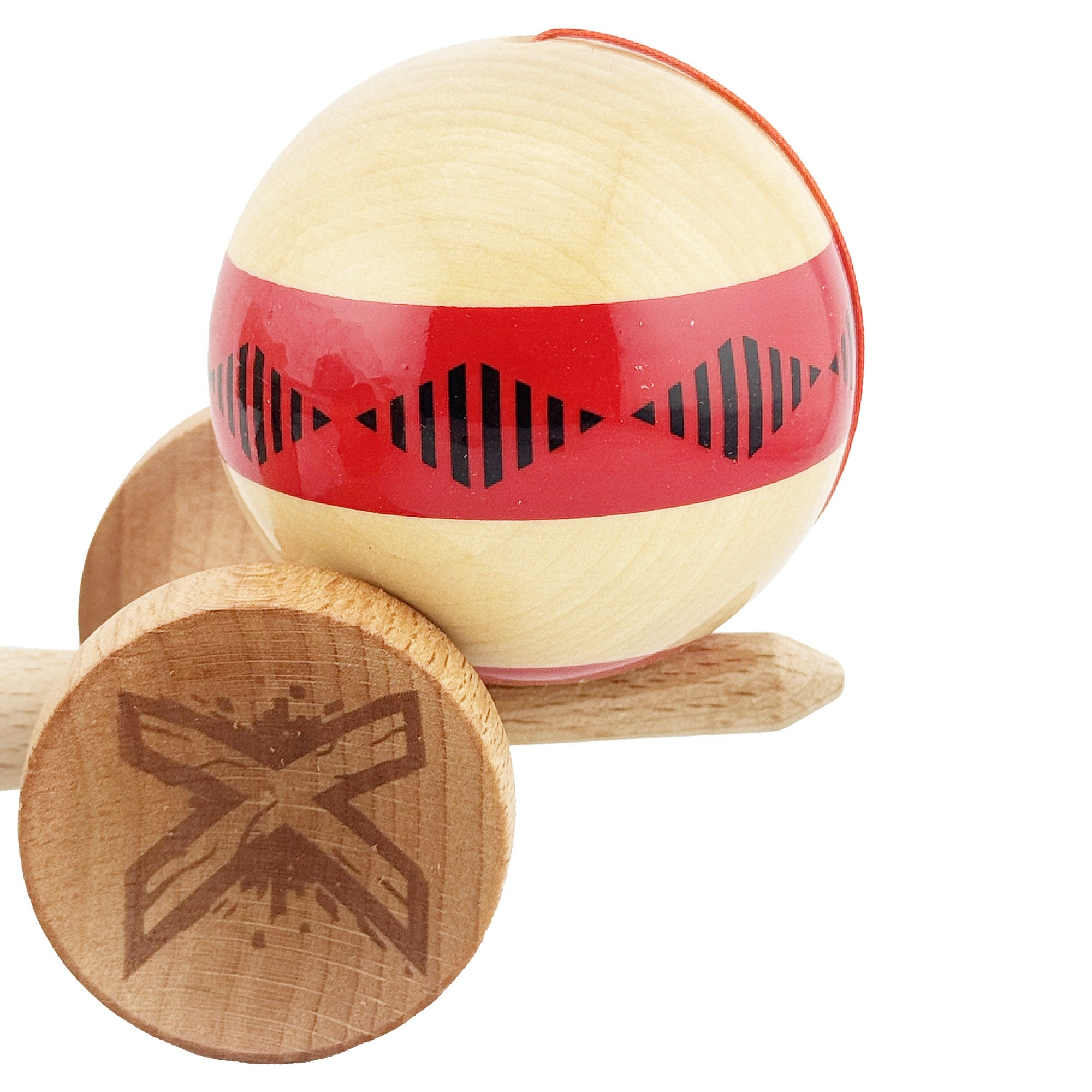 Kendama X FREQUENCY Originala, Profesionala, Big Cups V2, Super Sticky cu Cupe Mari, Rulment Metalic, din lemn 18 cm, Ata 55 cm, Rosu/Maro