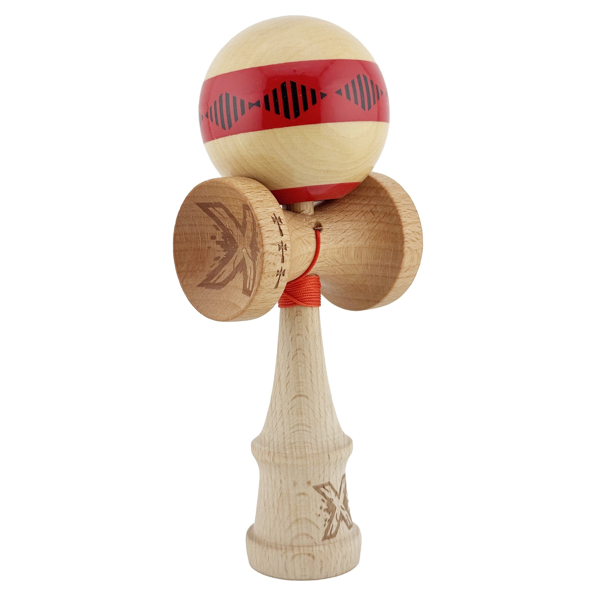 Kendama X FREQUENCY Originala, Profesionala, Big Cups V2, Super Sticky cu Cupe Mari, Rulment Metalic, din lemn 18 cm, Ata 55 cm, Rosu/Maro