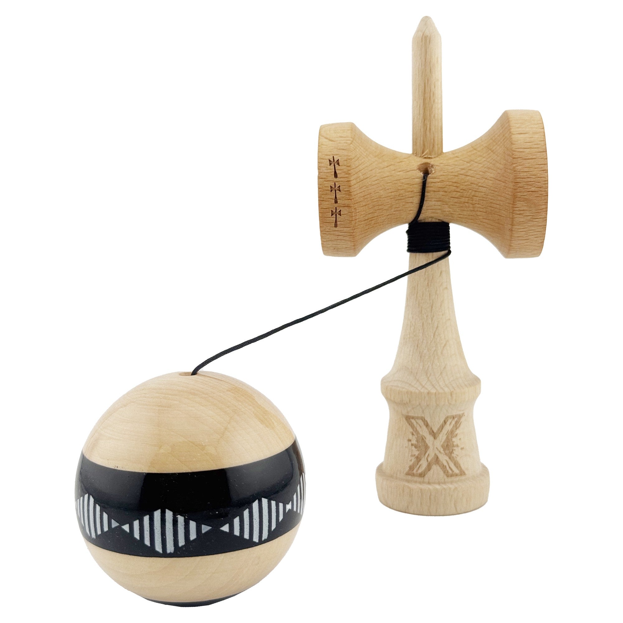 Kendama X FREQUENCY Originala, Profesionala, Big Cups V2, Super Sticky cu Cupe Mari, Rulment Metalic, din lemn 18 cm, Ata 55 cm, Negru/Maro