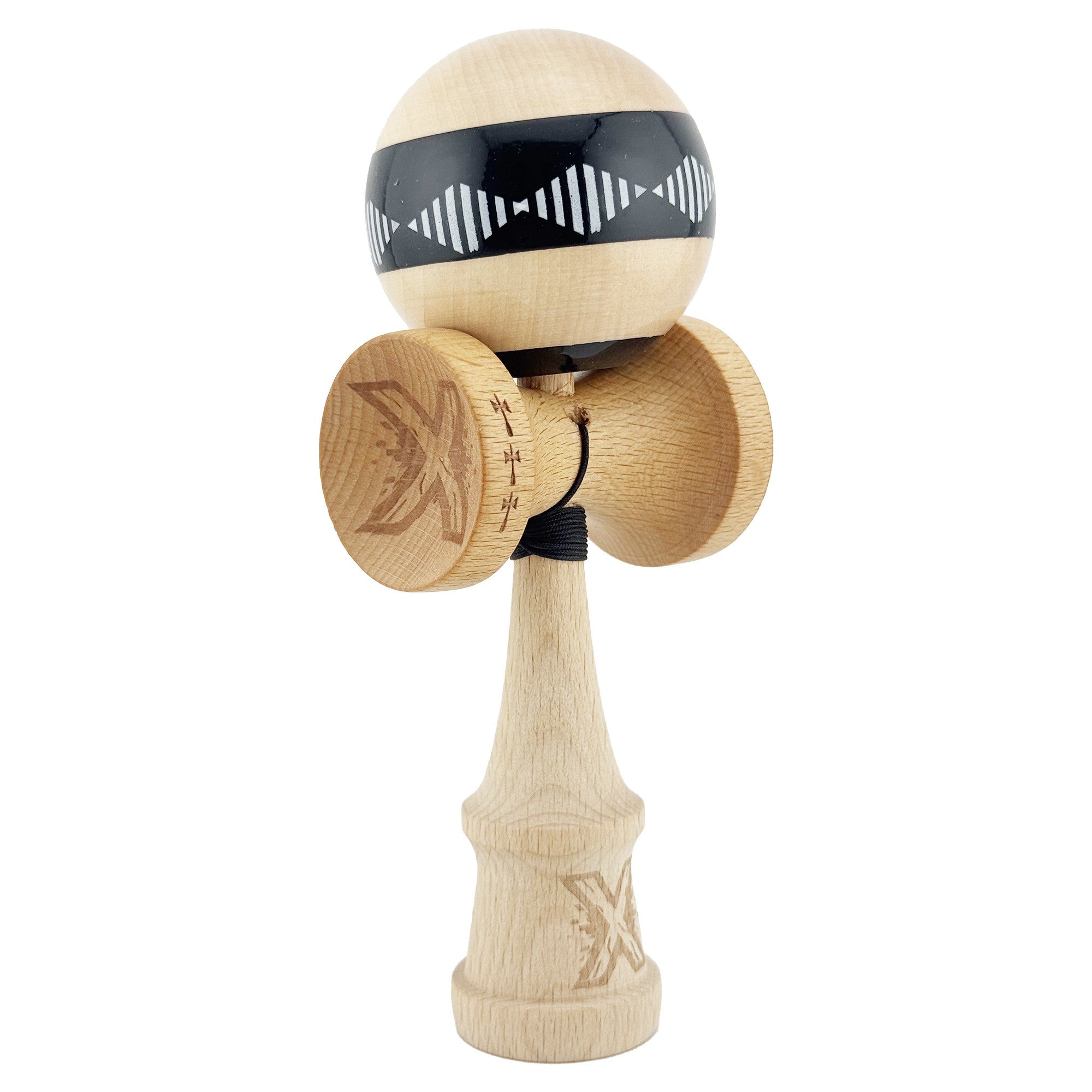 Kendama X FREQUENCY Originala, Profesionala, Big Cups V2, Super Sticky cu Cupe Mari, Rulment Metalic, din lemn 18 cm, Ata 55 cm, Negru/Maro