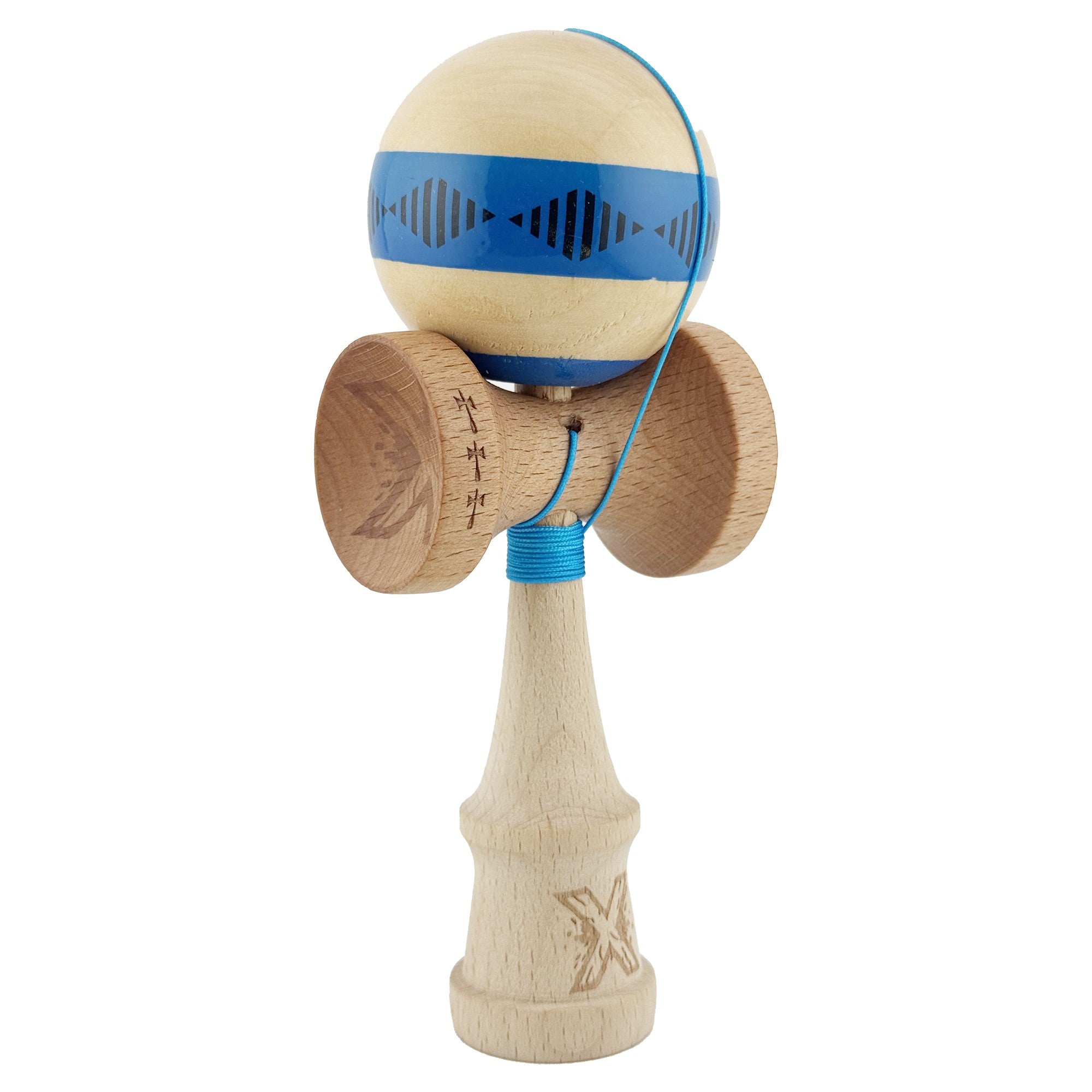 Kendama X FREQUENCY Originala, Profesionala, Big Cups V2, Super Sticky cu Cupe Mari, Rulment Metalic, din lemn 18 cm, Ata 55 cm, Albastru/Maro