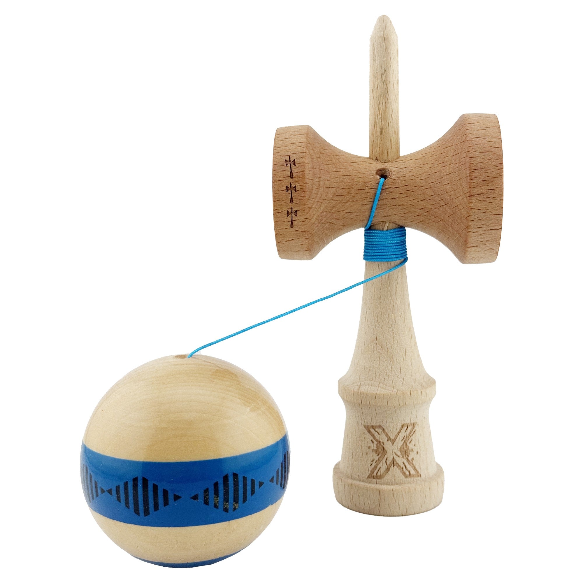 Kendama X FREQUENCY Originala, Profesionala, Big Cups V2, Super Sticky cu Cupe Mari, Rulment Metalic, din lemn 18 cm, Ata 55 cm, Albastru/Maro
