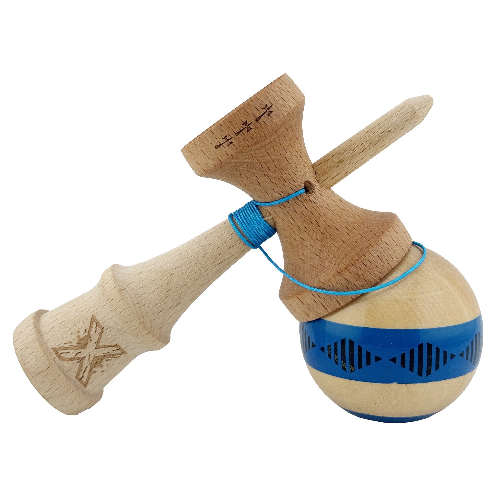Kendama X FREQUENCY Originala, Profesionala, Big Cups V2, Super Sticky cu Cupe Mari, Rulment Metalic, din lemn 18 cm, Ata 55 cm, Albastru/Maro