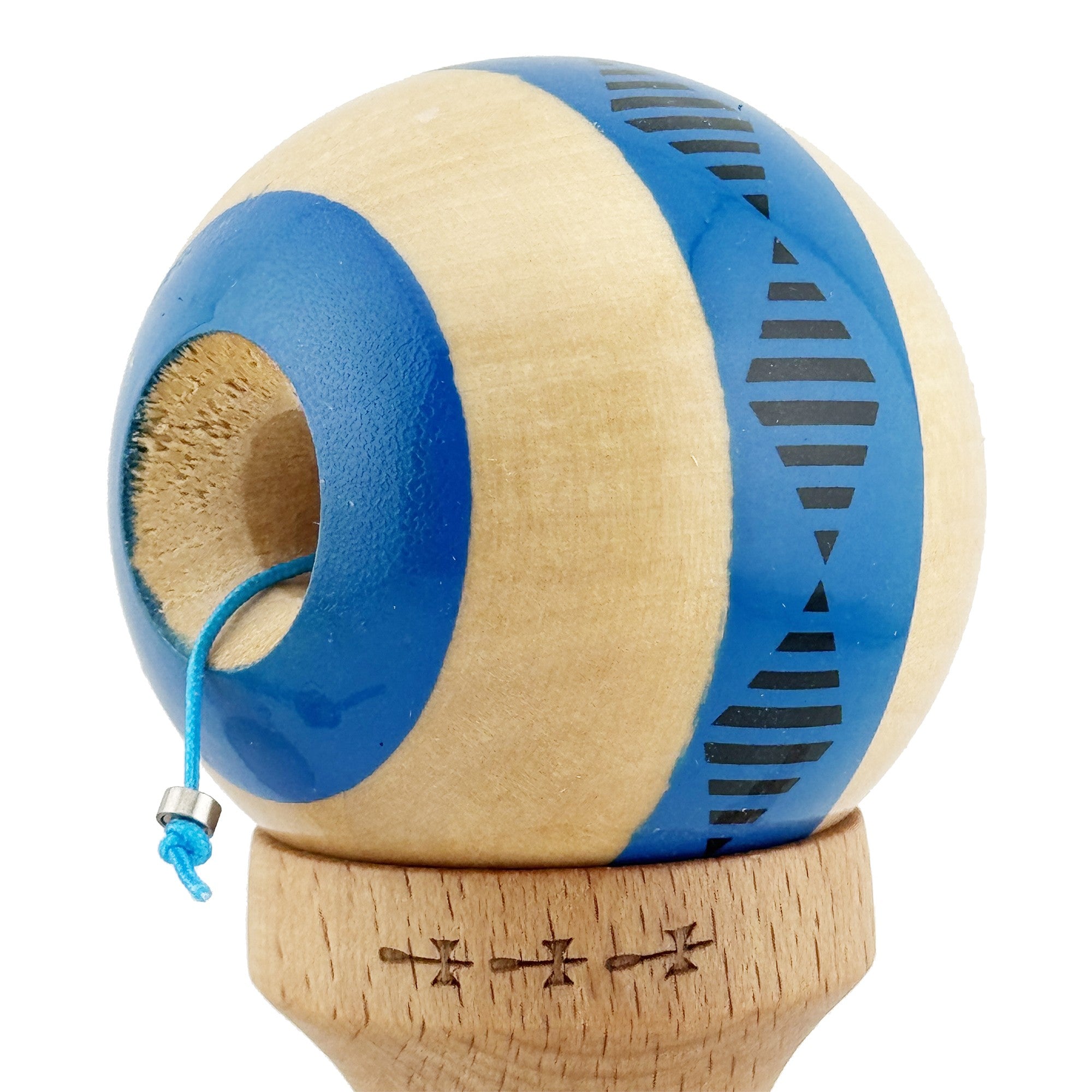Kendama X FREQUENCY Originala, Profesionala, Big Cups V2, Super Sticky cu Cupe Mari, Rulment Metalic, din lemn 18 cm, Ata 55 cm, Albastru/Maro