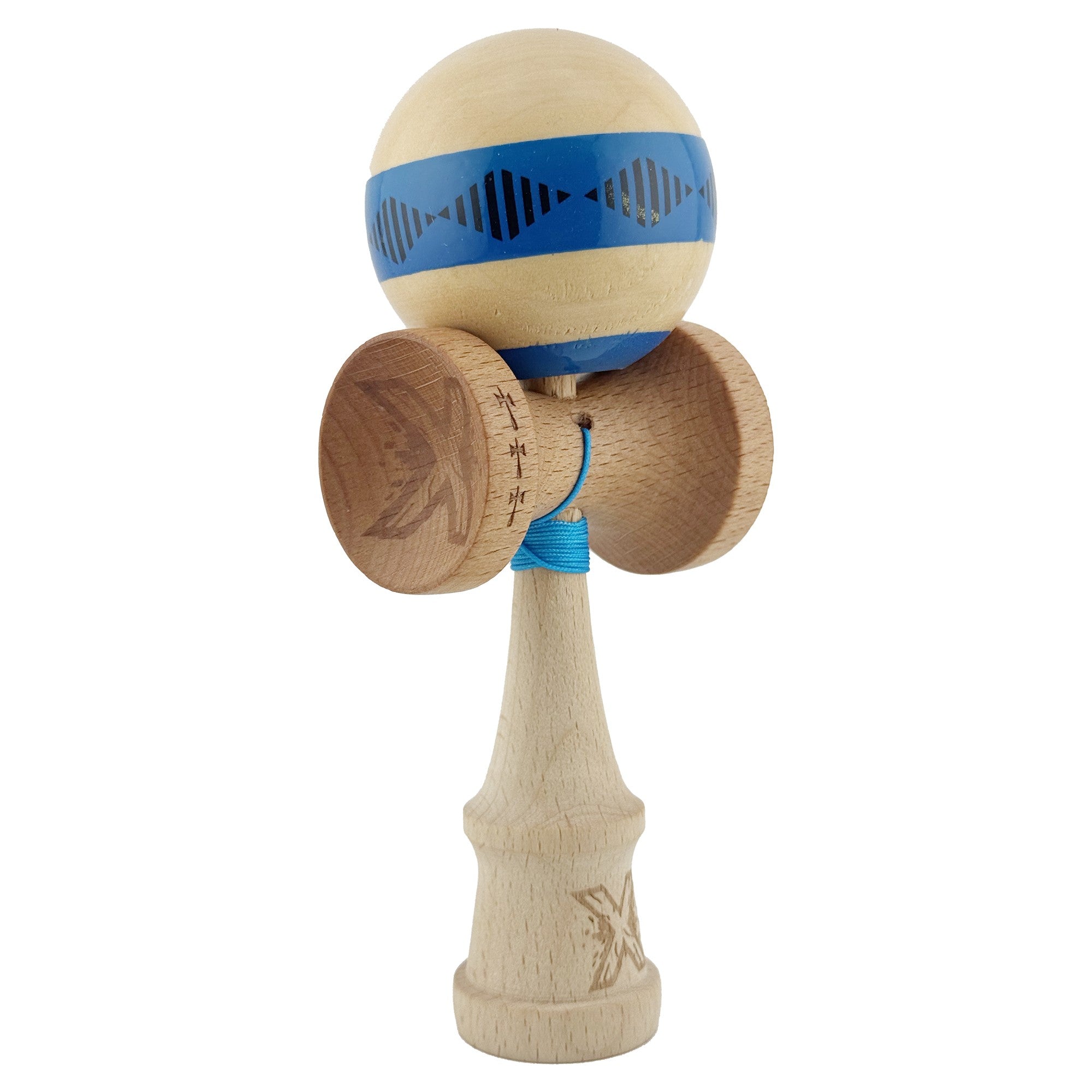 Kendama X FREQUENCY Originala, Profesionala, Big Cups V2, Super Sticky cu Cupe Mari, Rulment Metalic, din lemn 18 cm, Ata 55 cm, Albastru/Maro