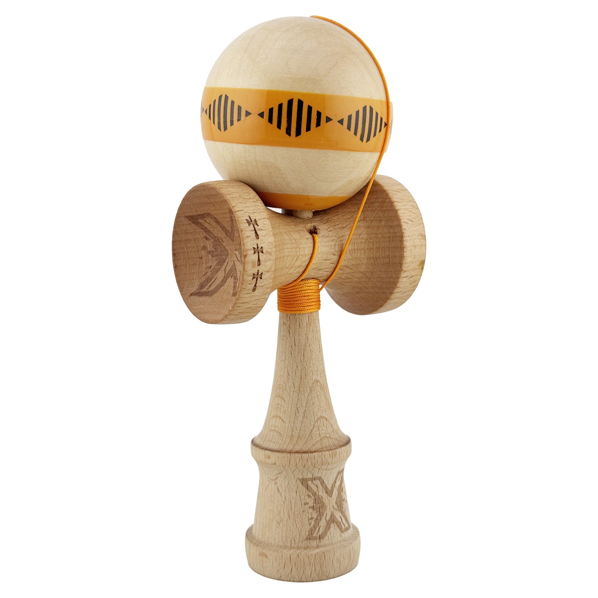 Kendama X FREQUENCY Originala, Profesionala, Big Cups V2, Super Sticky cu Cupe Mari, Rulment Metalic, din lemn 18 cm, Ata 55 cm, Portocaliu/Maro