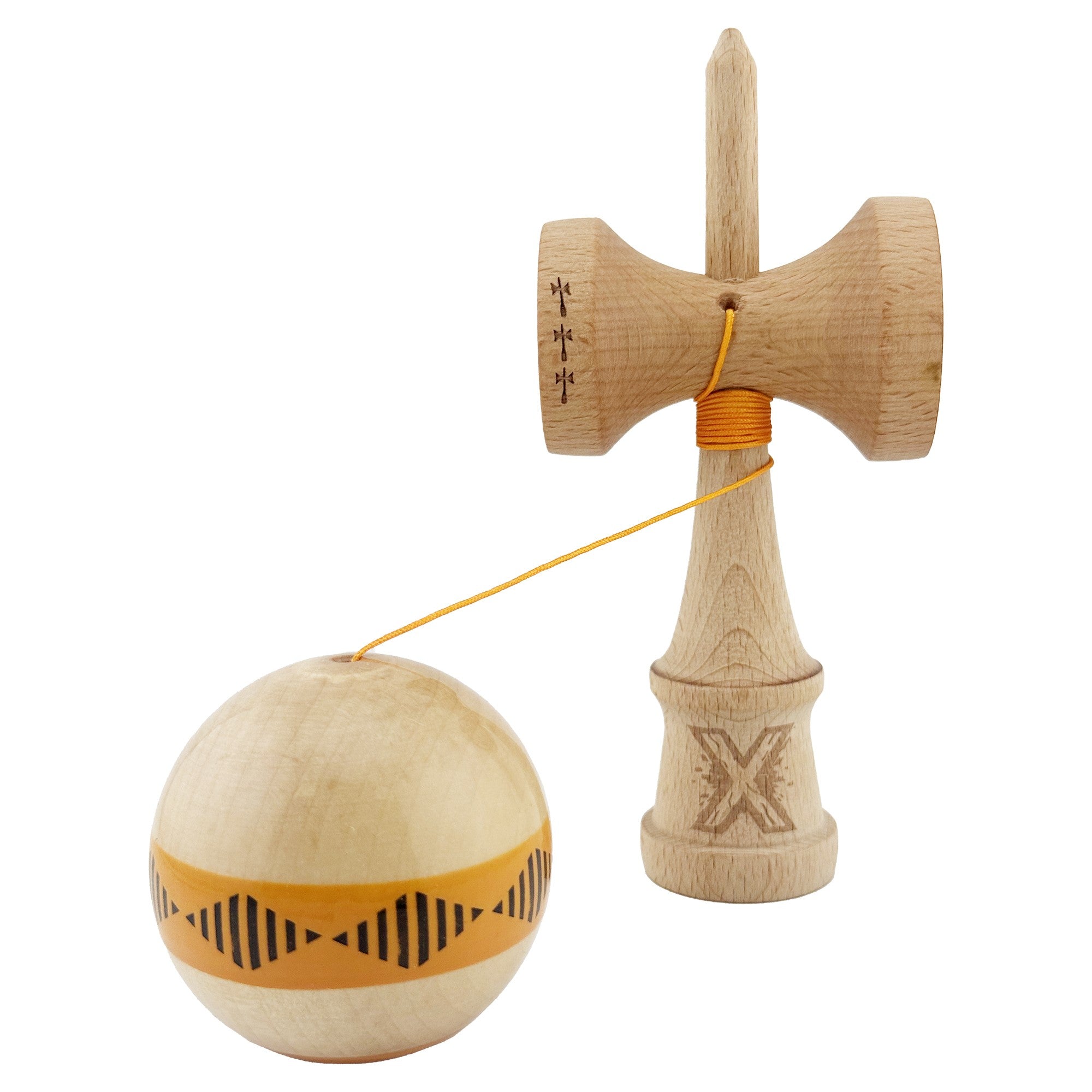 Kendama X FREQUENCY Originala, Profesionala, Big Cups V2, Super Sticky cu Cupe Mari, Rulment Metalic, din lemn 18 cm, Ata 55 cm, Portocaliu/Maro