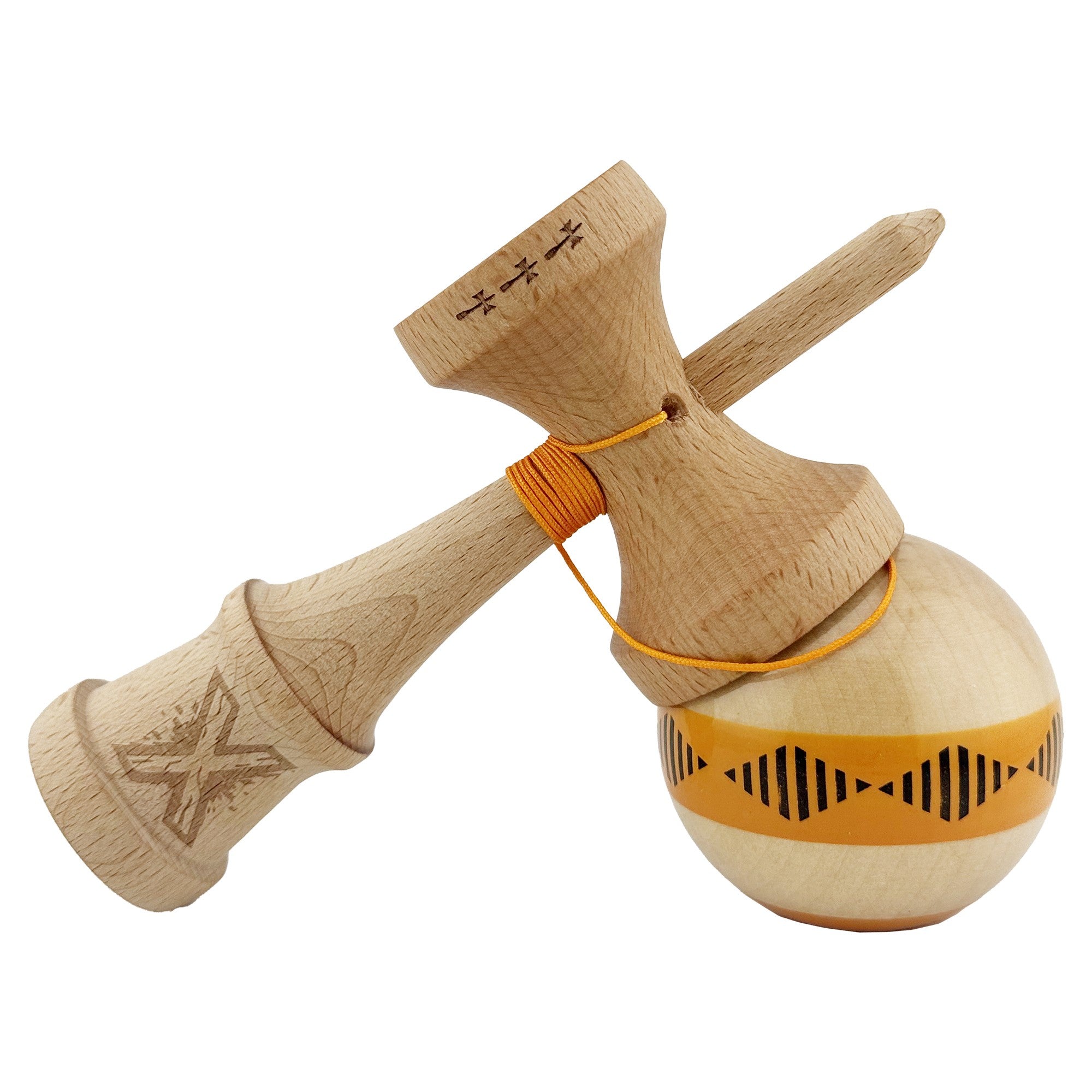 Kendama X FREQUENCY Originala, Profesionala, Big Cups V2, Super Sticky cu Cupe Mari, Rulment Metalic, din lemn 18 cm, Ata 55 cm, Portocaliu/Maro