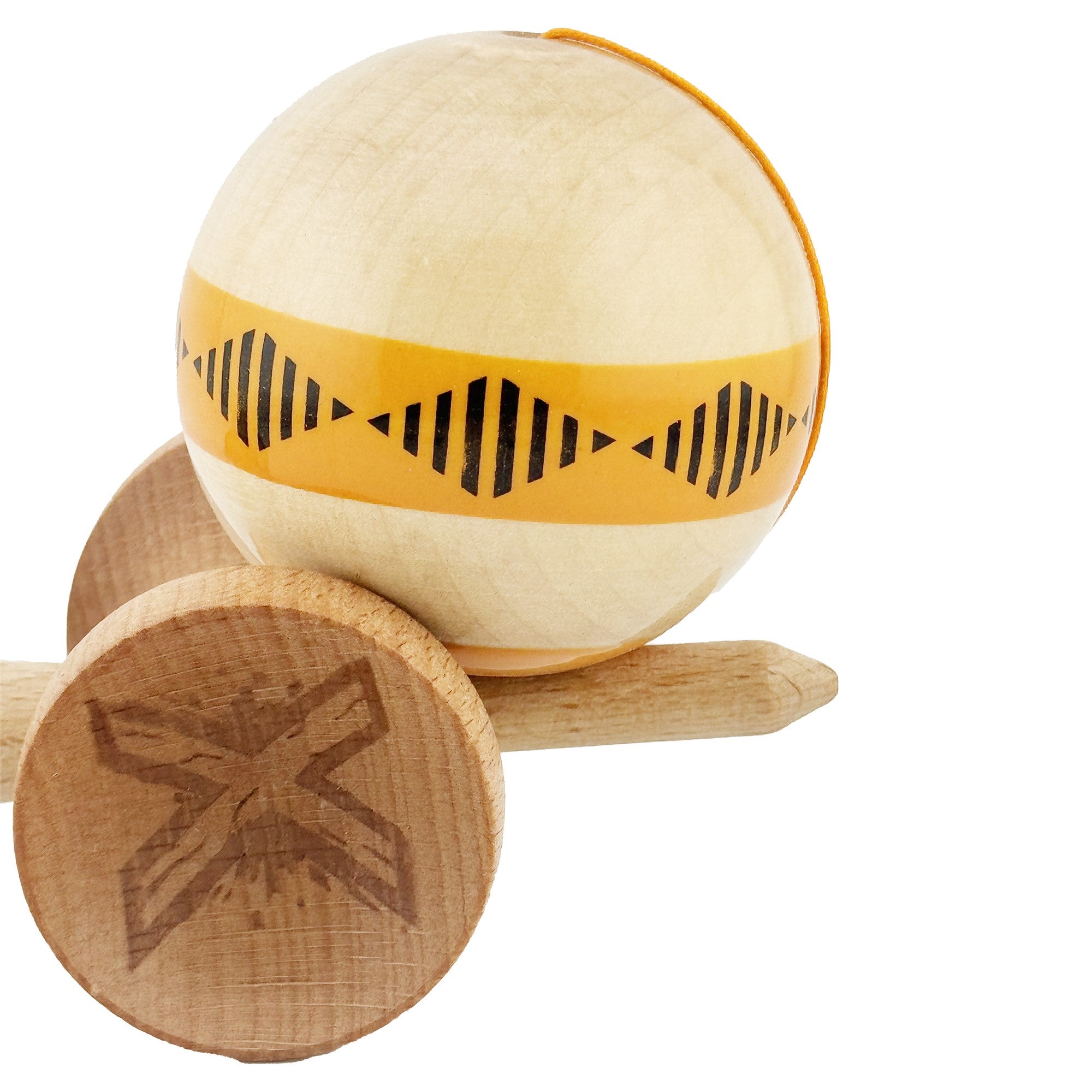 Kendama X FREQUENCY Originala, Profesionala, Big Cups V2, Super Sticky cu Cupe Mari, Rulment Metalic, din lemn 18 cm, Ata 55 cm, Portocaliu/Maro
