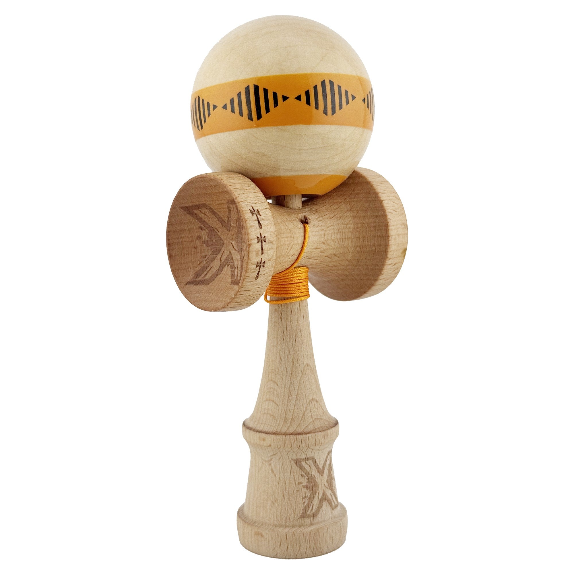 Kendama X FREQUENCY Originala, Profesionala, Big Cups V2, Super Sticky cu Cupe Mari, Rulment Metalic, din lemn 18 cm, Ata 55 cm, Portocaliu/Maro