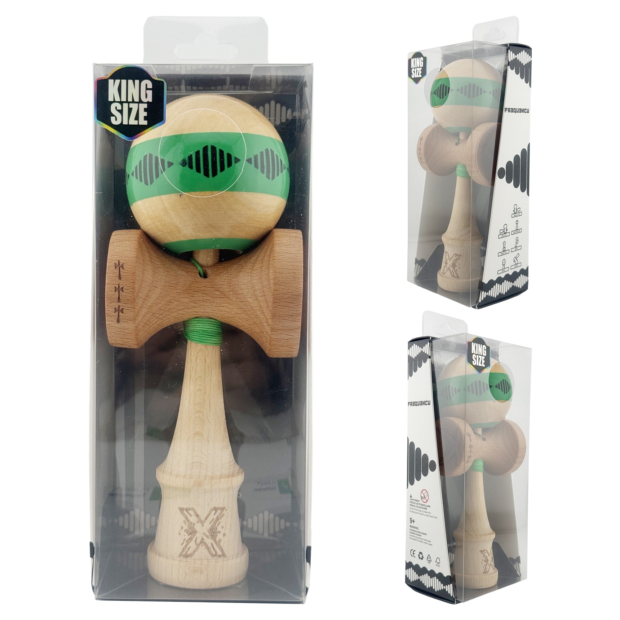 Kendama X FREQUENCY Originala, Profesionala, Big Cups V2, Super Sticky cu Cupe Mari, Rulment Metalic, din lemn 18 cm, Ata 55 cm, Verde/Maro