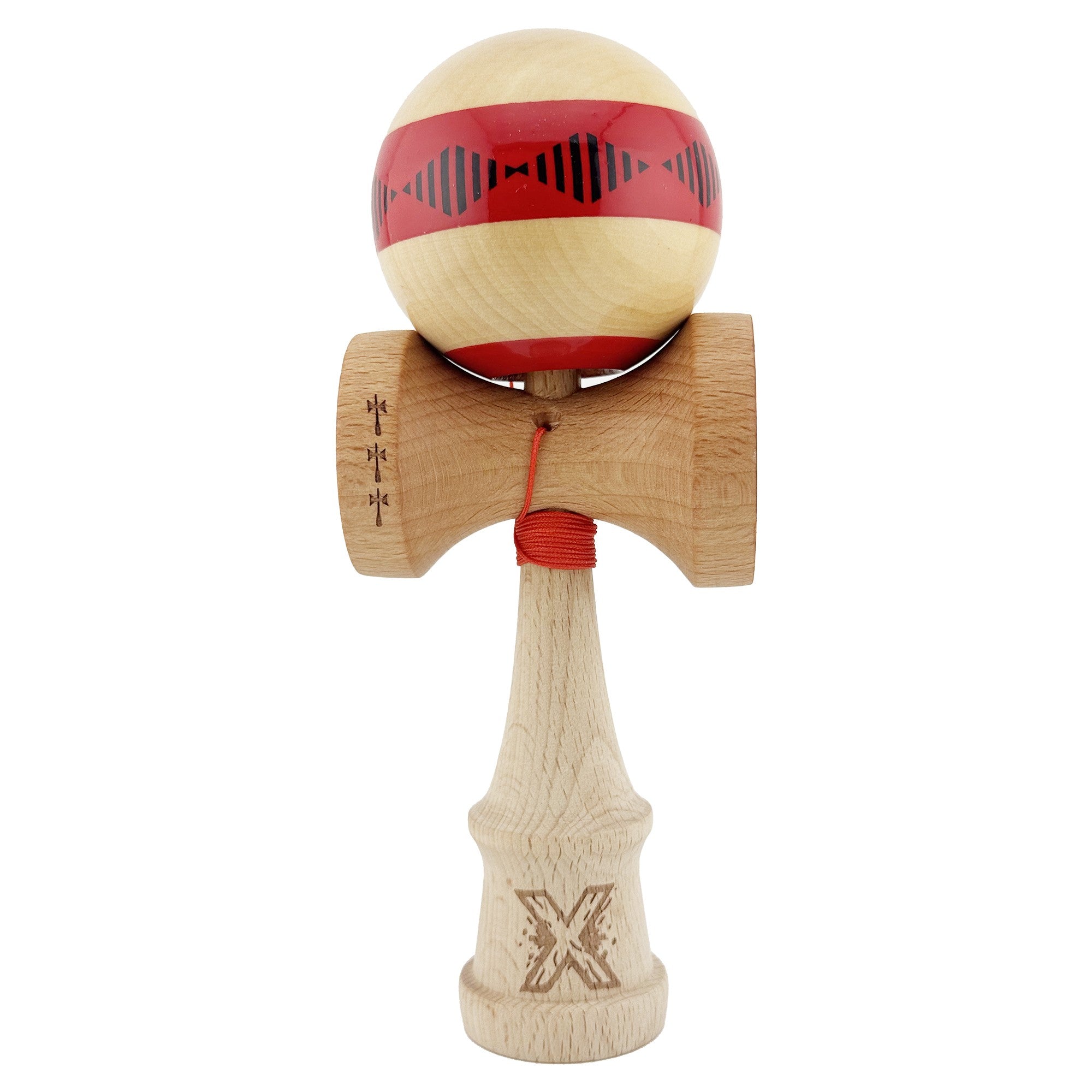 Kendama X FREQUENCY Originala, Profesionala, Big Cups V2, Super Sticky cu Cupe Mari, Rulment Metalic, din lemn 18 cm, Ata 55 cm, Rosu/Maro