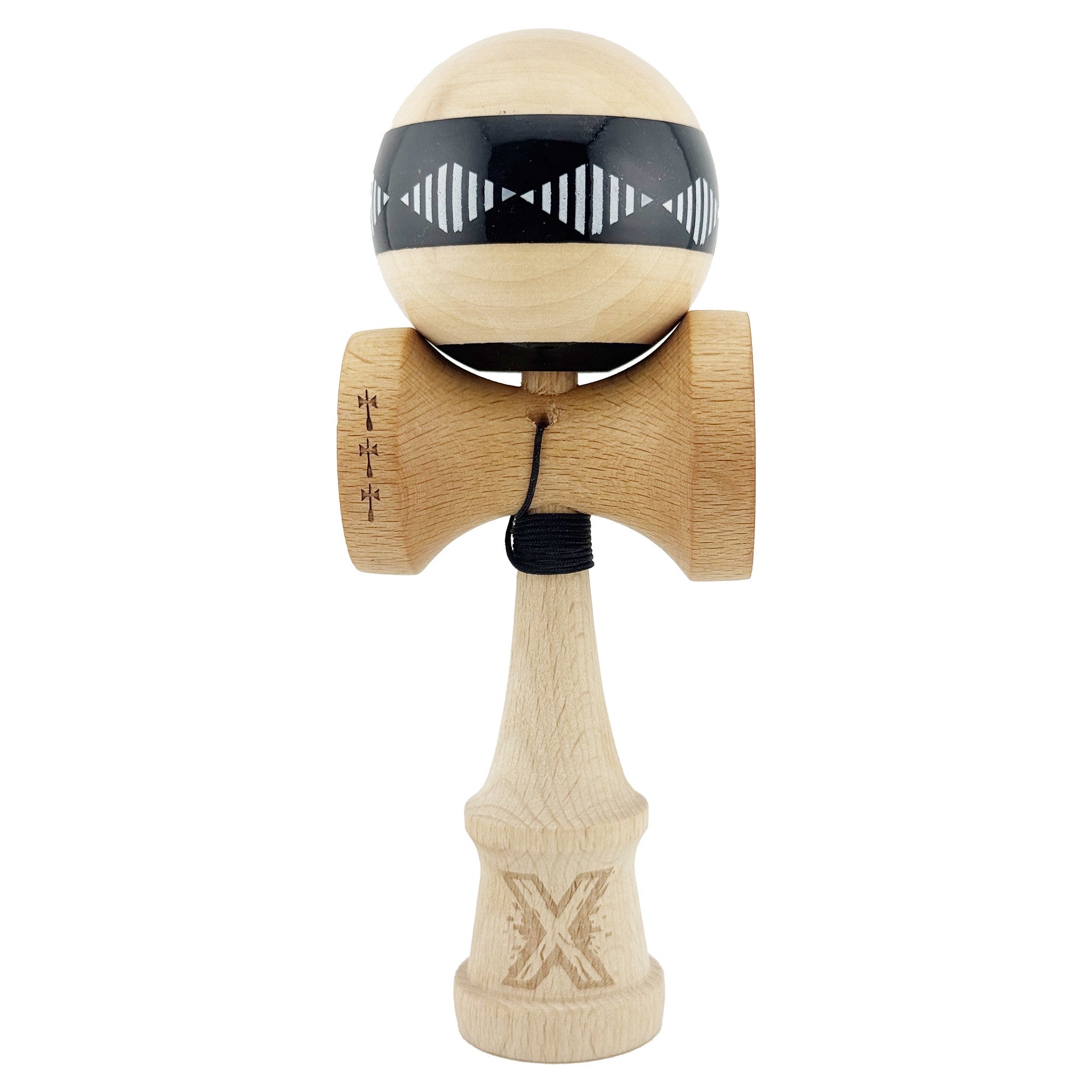 Kendama X FREQUENCY Originala, Profesionala, Big Cups V2, Super Sticky cu Cupe Mari, Rulment Metalic, din lemn 18 cm, Ata 55 cm, Negru/Maro