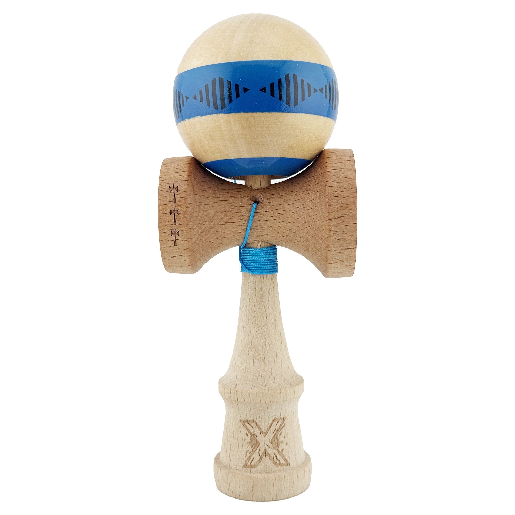 Kendama X FREQUENCY Originala, Profesionala, Big Cups V2, Super Sticky cu Cupe Mari, Rulment Metalic, din lemn 18 cm, Ata 55 cm, Albastru/Maro