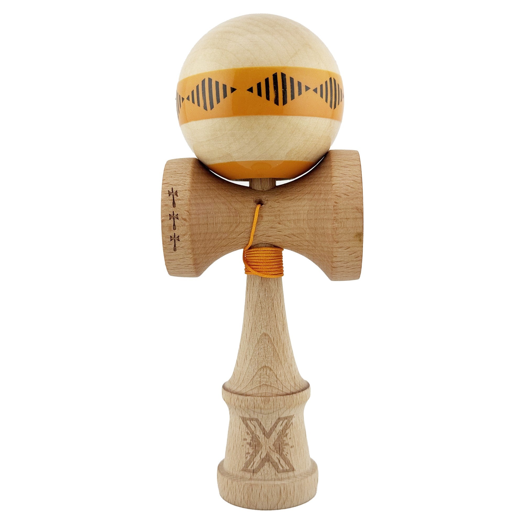 Kendama X FREQUENCY Originala, Profesionala, Big Cups V2, Super Sticky cu Cupe Mari, Rulment Metalic, din lemn 18 cm, Ata 55 cm, Portocaliu/Maro