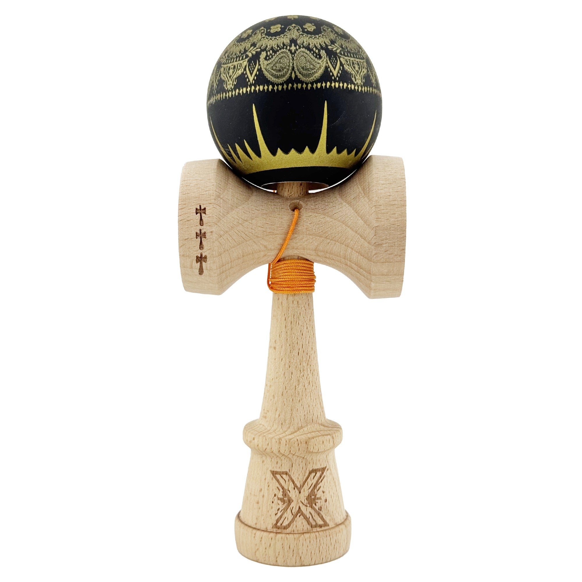 Kendama X Originala, Profesionala, Legendary IMPERIAL, Super Sticky, Cupe Mari KING SIZE V3, Gaura in Baza, Rulment Metalic, din lemn 18 cm, Ata 62/65 cm, Negru/Auriu