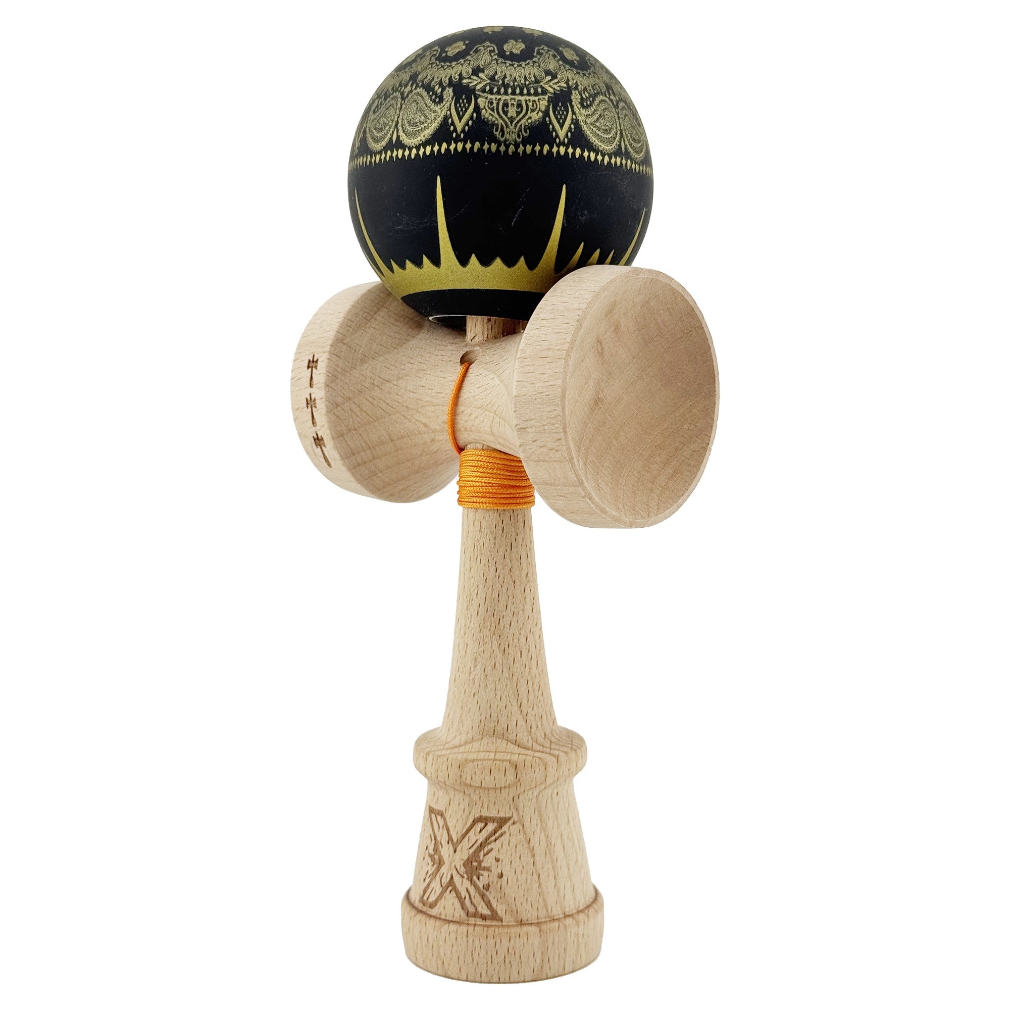 Kendama X Originala, Profesionala, Legendary IMPERIAL, Super Sticky, Cupe Mari KING SIZE V3, Gaura in Baza, Rulment Metalic, din lemn 18 cm, Ata 62/65 cm, Negru/Auriu