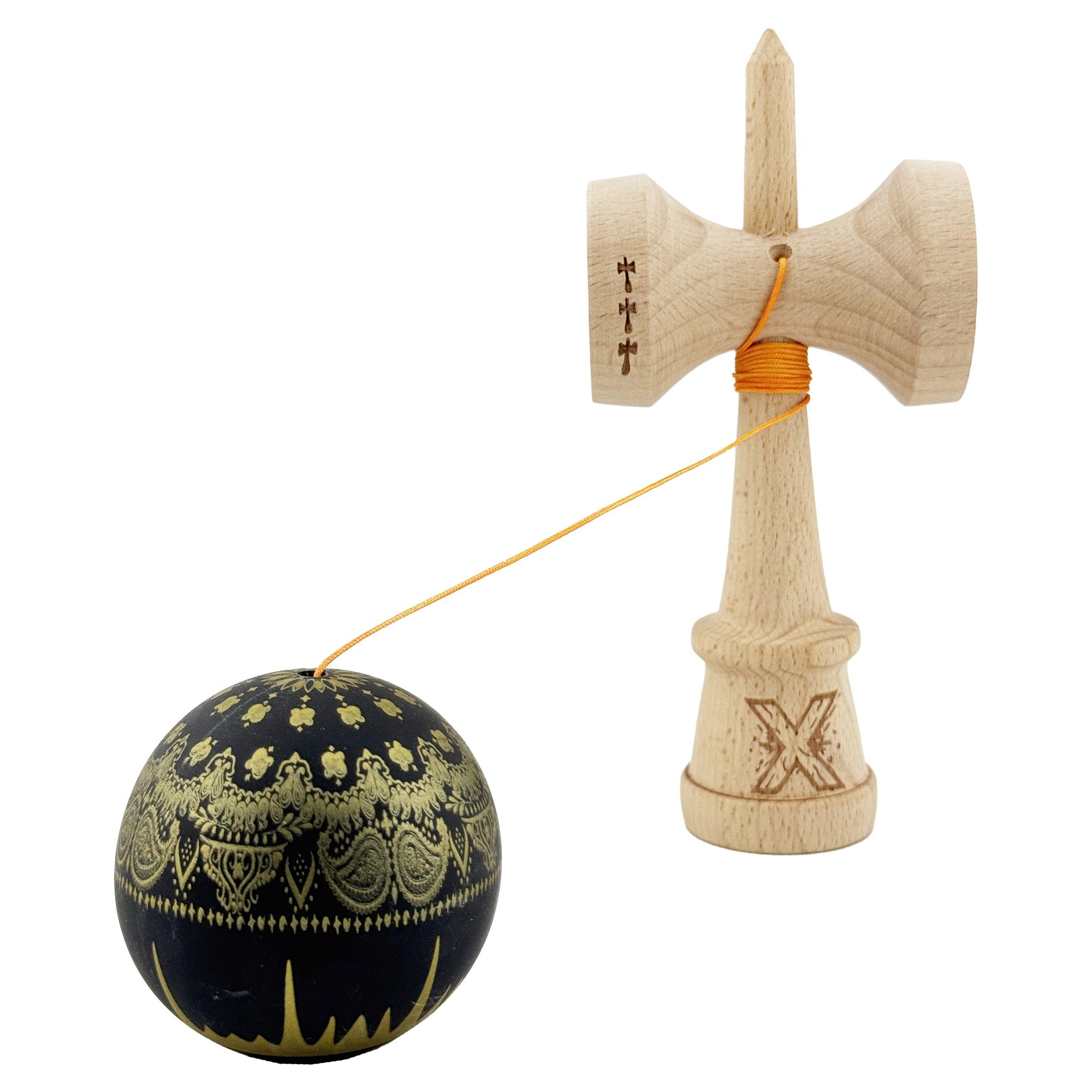 Kendama X Originala, Profesionala, Legendary IMPERIAL, Super Sticky, Cupe Mari KING SIZE V3, Gaura in Baza, Rulment Metalic, din lemn 18 cm, Ata 62/65 cm, Negru/Auriu