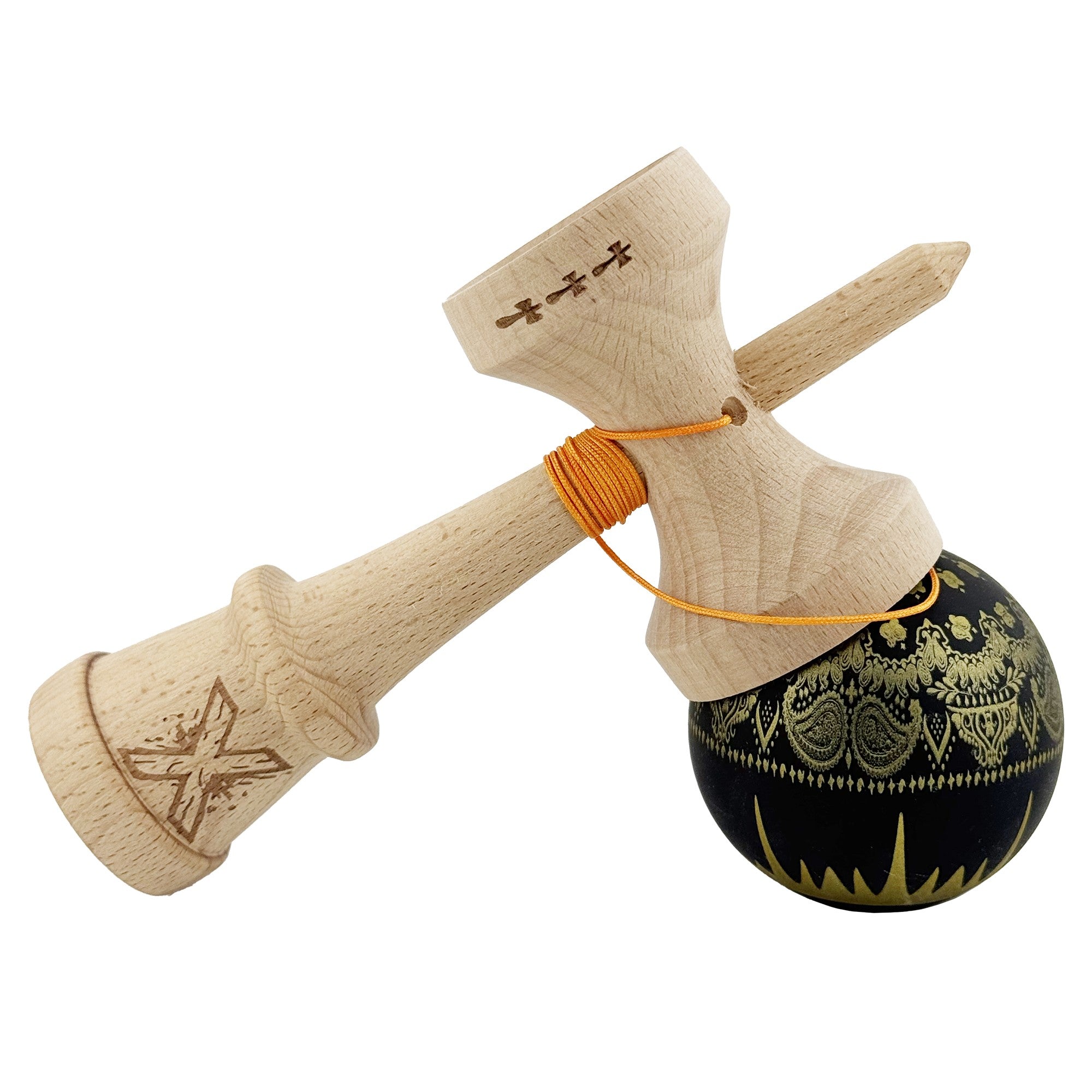 Kendama X Originala, Profesionala, Legendary IMPERIAL, Super Sticky, Cupe Mari KING SIZE V3, Gaura in Baza, Rulment Metalic, din lemn 18 cm, Ata 62/65 cm, Negru/Auriu