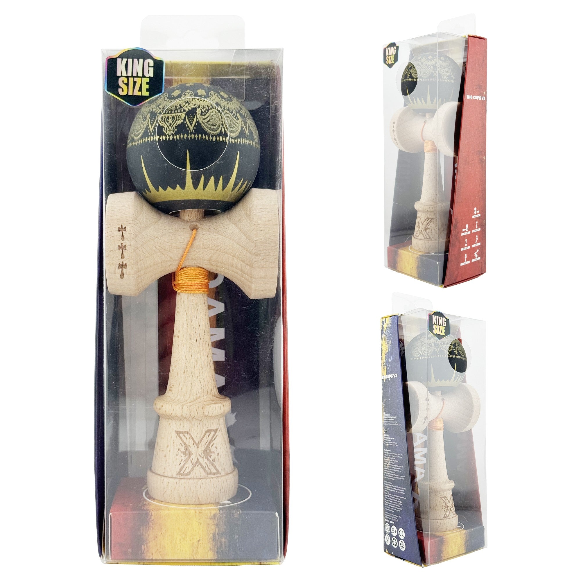 Kendama X Originala, Profesionala, Legendary IMPERIAL, Super Sticky, Cupe Mari KING SIZE V3, Gaura in Baza, Rulment Metalic, din lemn 18 cm, Ata 62/65 cm, Negru/Auriu