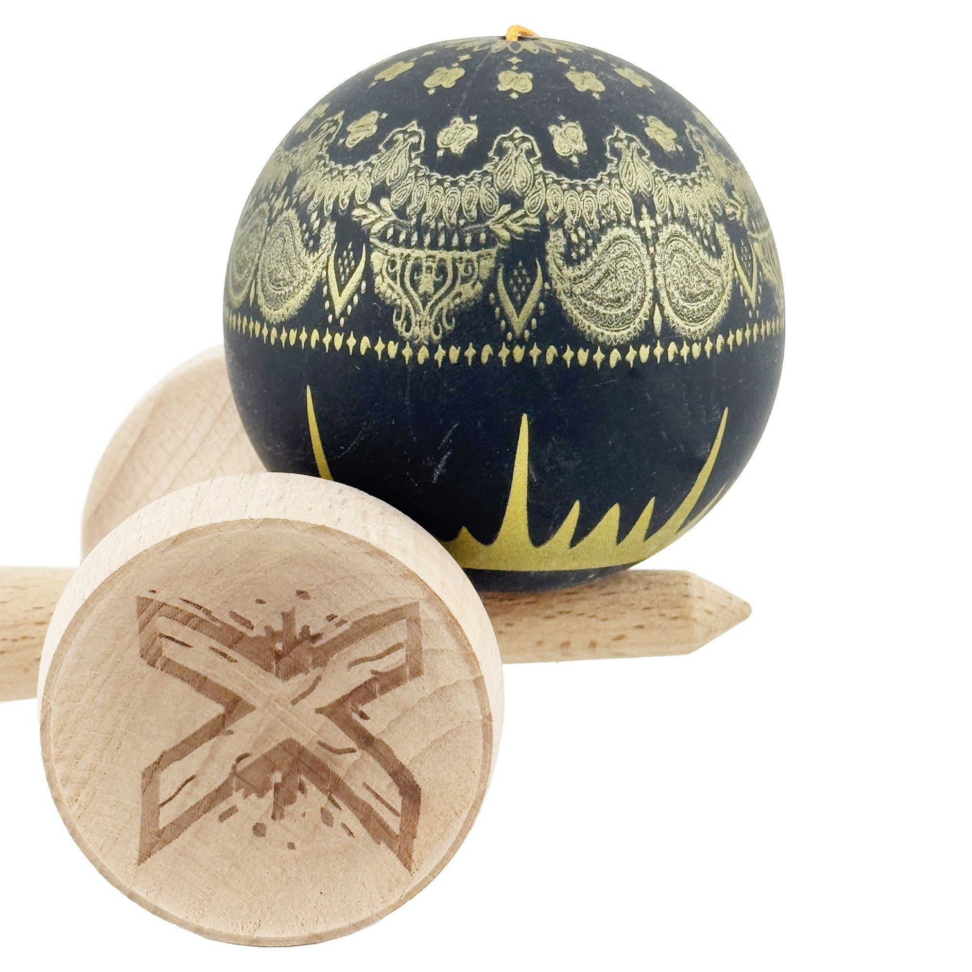 Kendama X Originala, Profesionala, Legendary IMPERIAL, Super Sticky, Cupe Mari KING SIZE V3, Gaura in Baza, Rulment Metalic, din lemn 18 cm, Ata 62/65 cm, Negru/Auriu