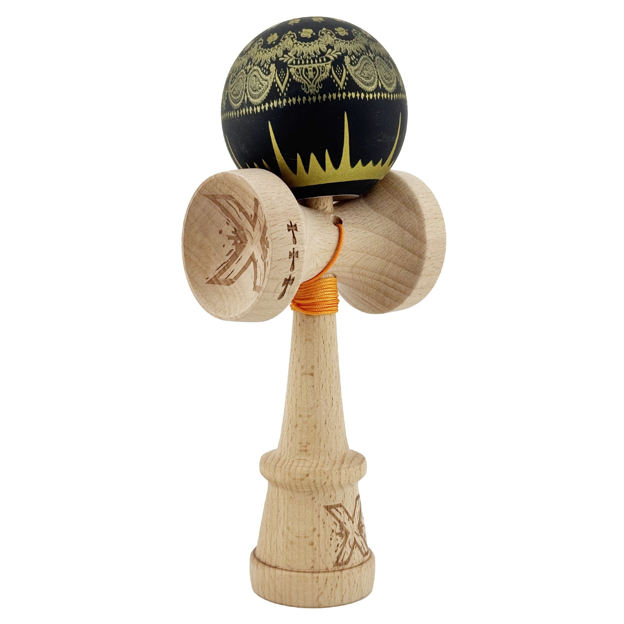 Kendama X Originala, Profesionala, Legendary IMPERIAL, Super Sticky, Cupe Mari KING SIZE V3, Gaura in Baza, Rulment Metalic, din lemn 18 cm, Ata 62/65 cm, Negru/Auriu
