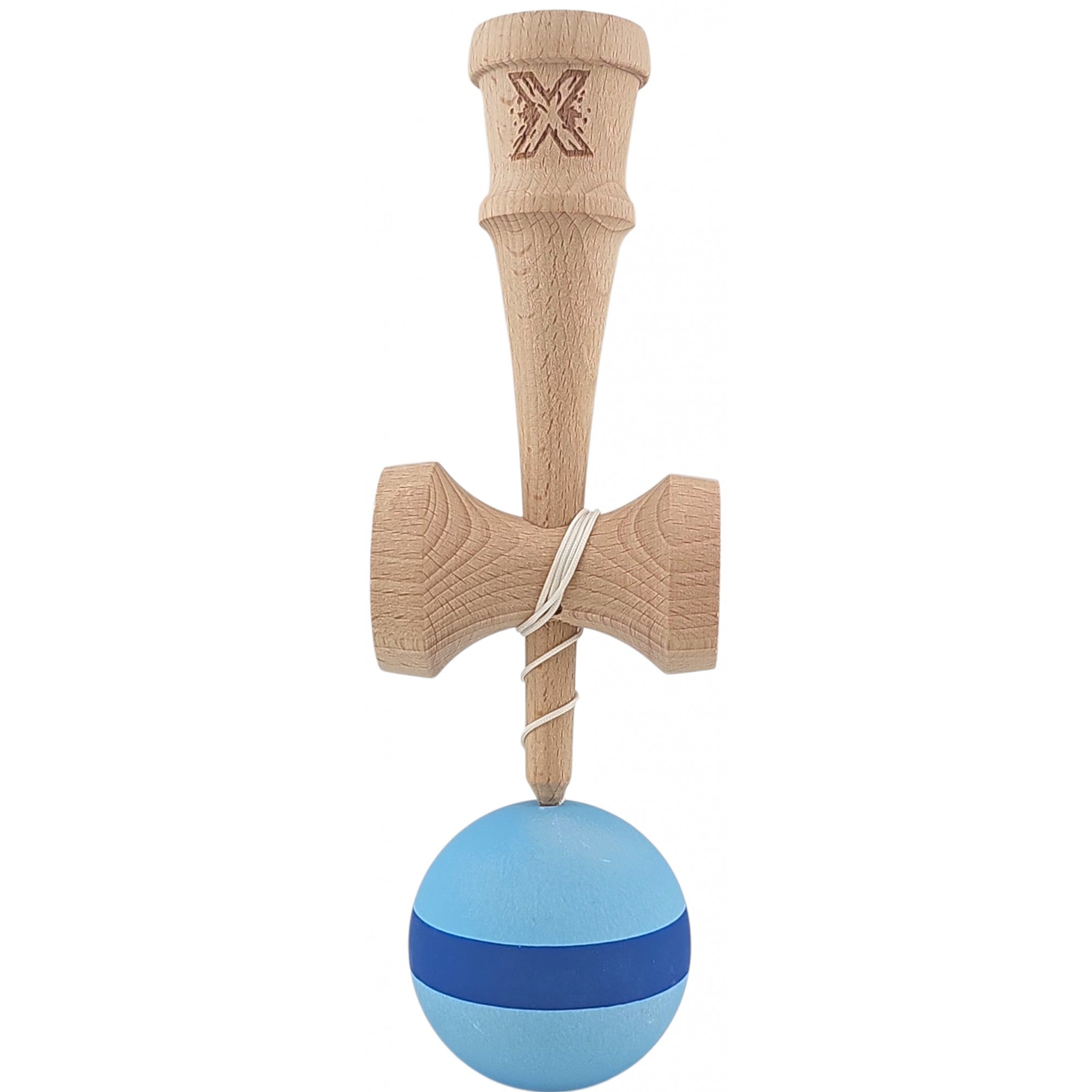 Kendama X Originala, Profesionala, 18 cm din Lemn, Model cu Dunga, Bleu/Albastru