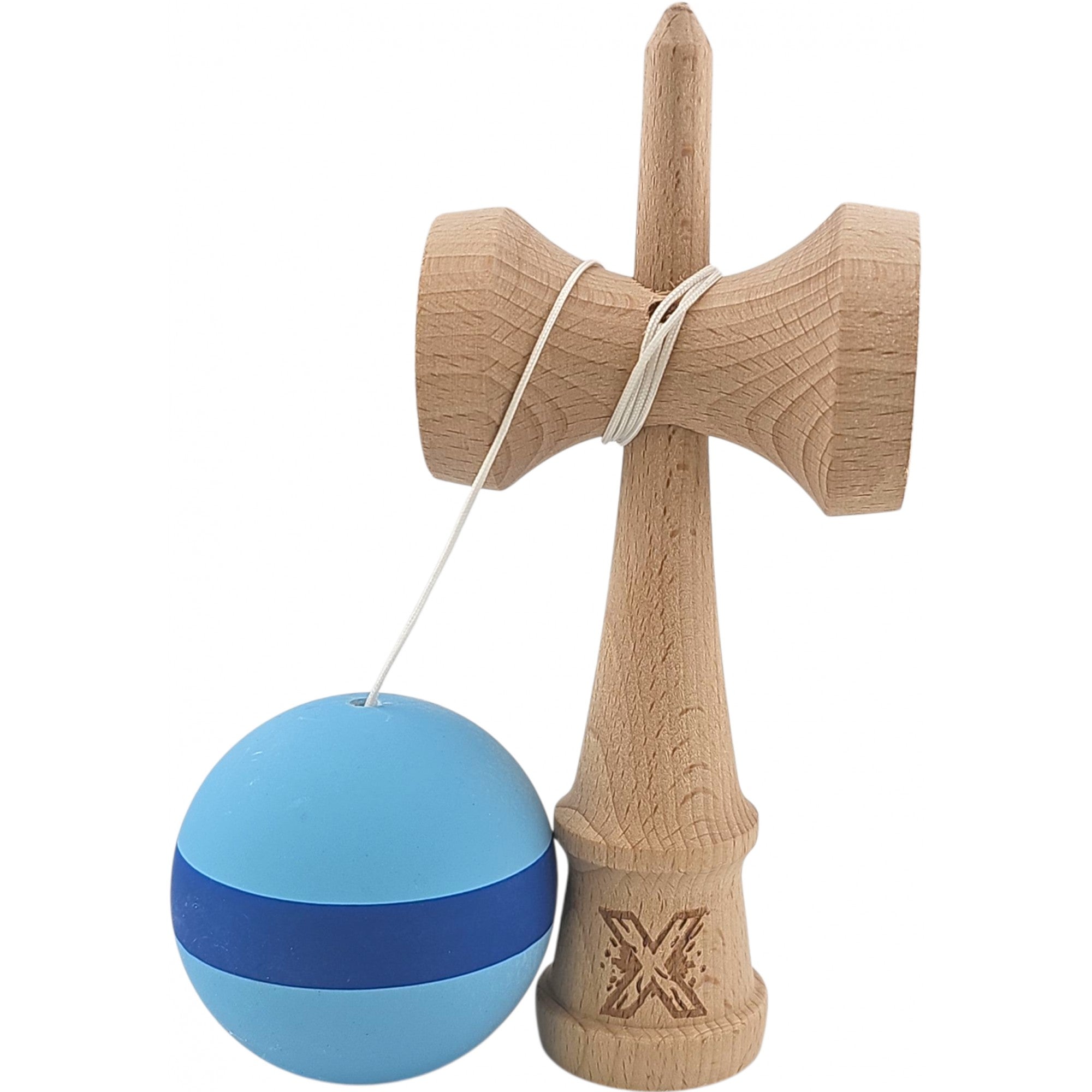 Kendama X Originala, Profesionala, 18 cm din Lemn, Model cu Dunga, Bleu/Albastru