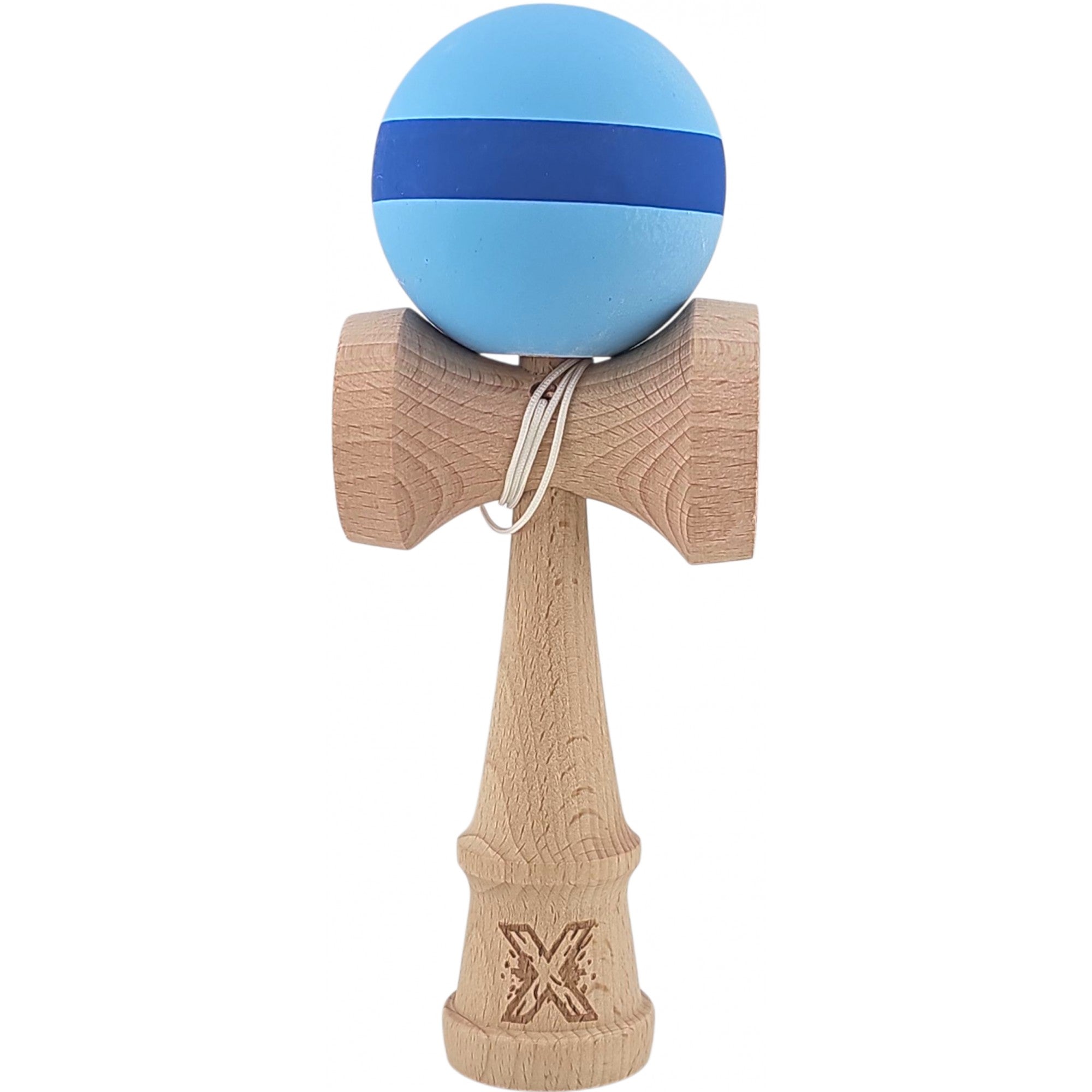 Kendama X Originala, Profesionala, 18 cm din Lemn, Model cu Dunga, Bleu/Albastru