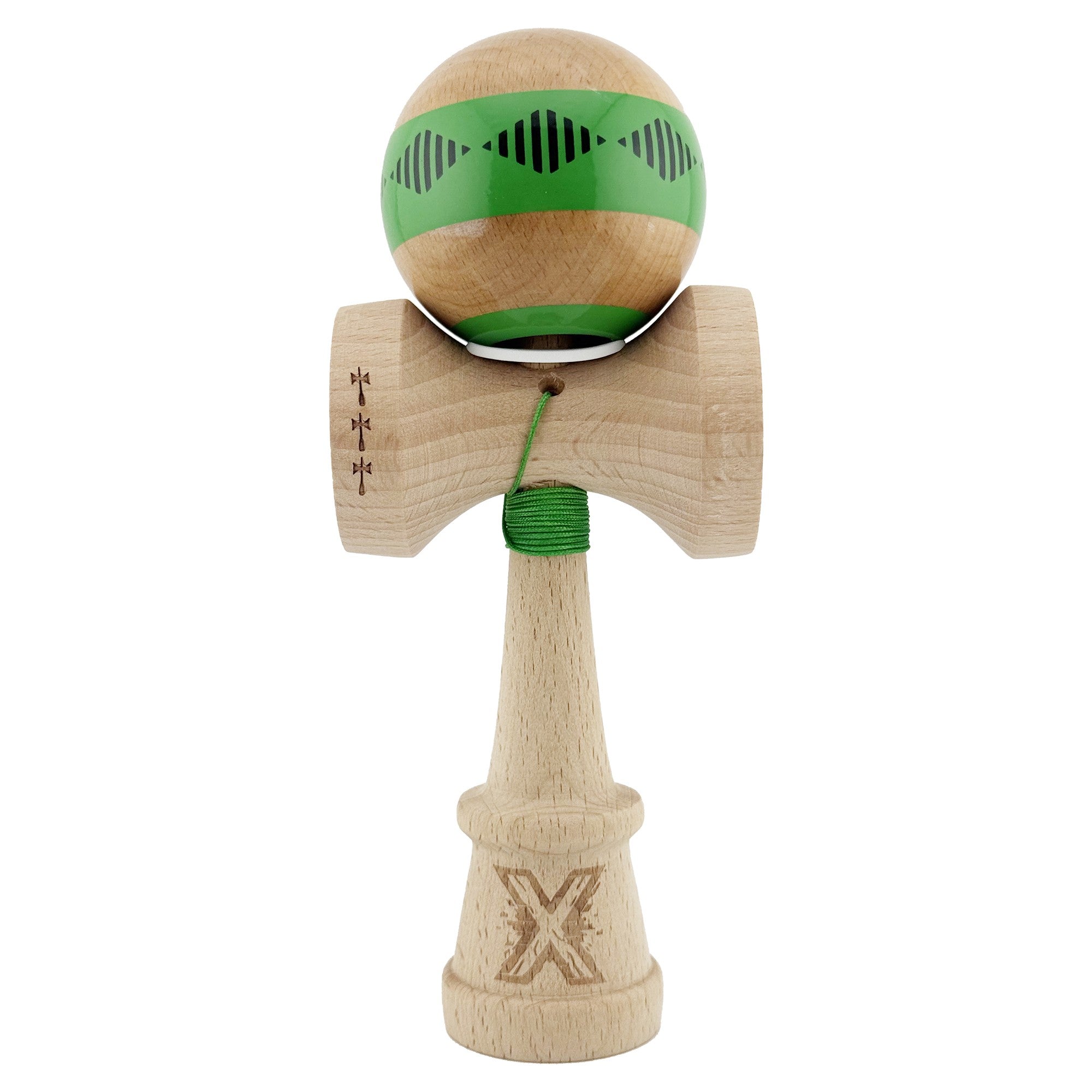 Kendama X Originala FREQUENCY, Profesionala, Cupe Mari KING SIZE V3, Super Sticky, Gaura in Baza, Rulment Metalic, din lemn 18 cm, Ata 62/65 cm, Verde/Maro