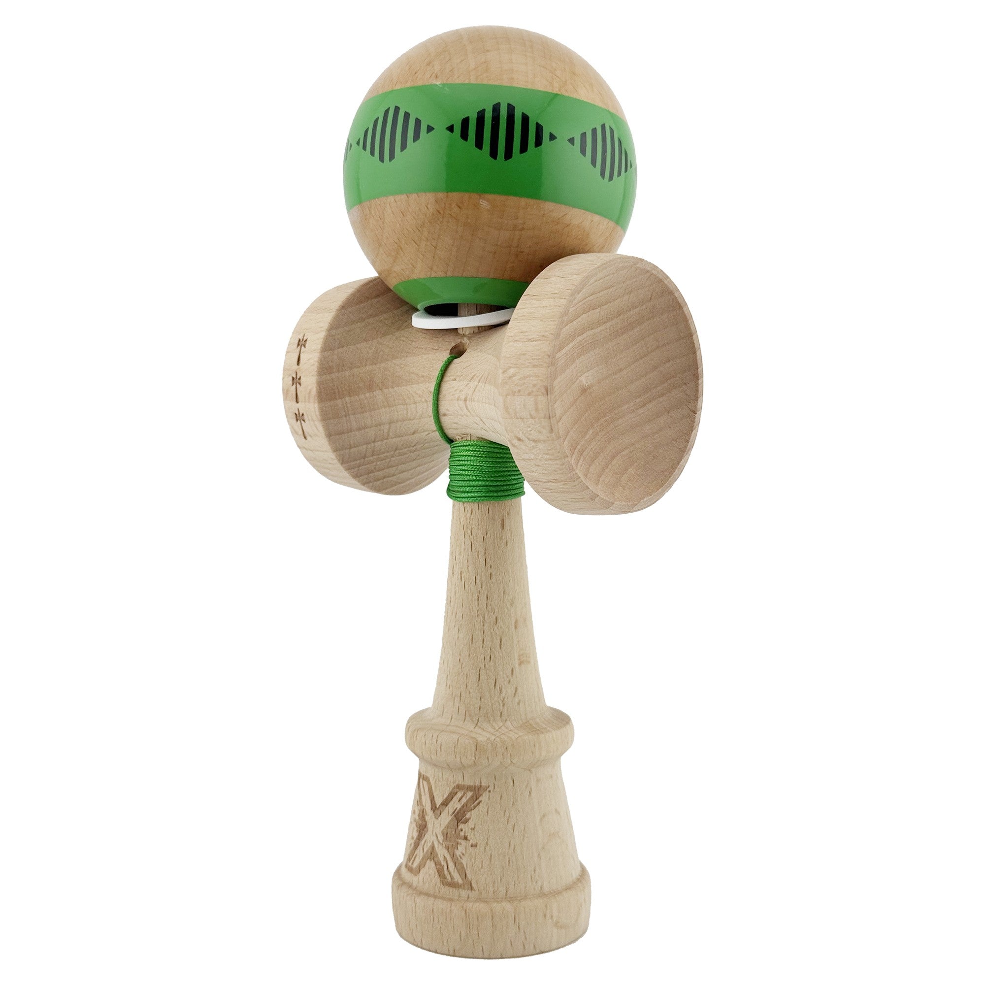 Kendama X Originala FREQUENCY, Profesionala, Cupe Mari KING SIZE V3, Super Sticky, Gaura in Baza, Rulment Metalic, din lemn 18 cm, Ata 62/65 cm, Verde/Maro