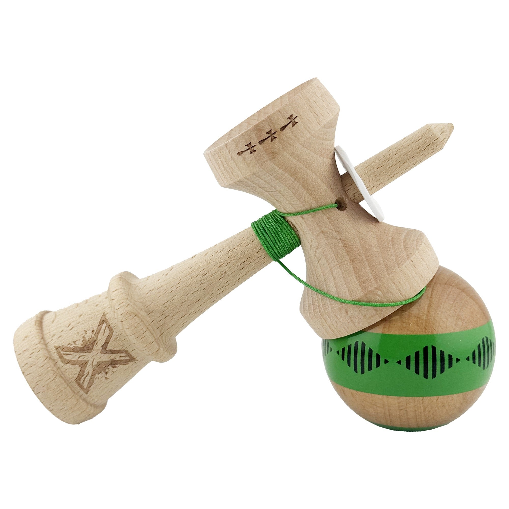Kendama X Originala FREQUENCY, Profesionala, Cupe Mari KING SIZE V3, Super Sticky, Gaura in Baza, Rulment Metalic, din lemn 18 cm, Ata 62/65 cm, Verde/Maro