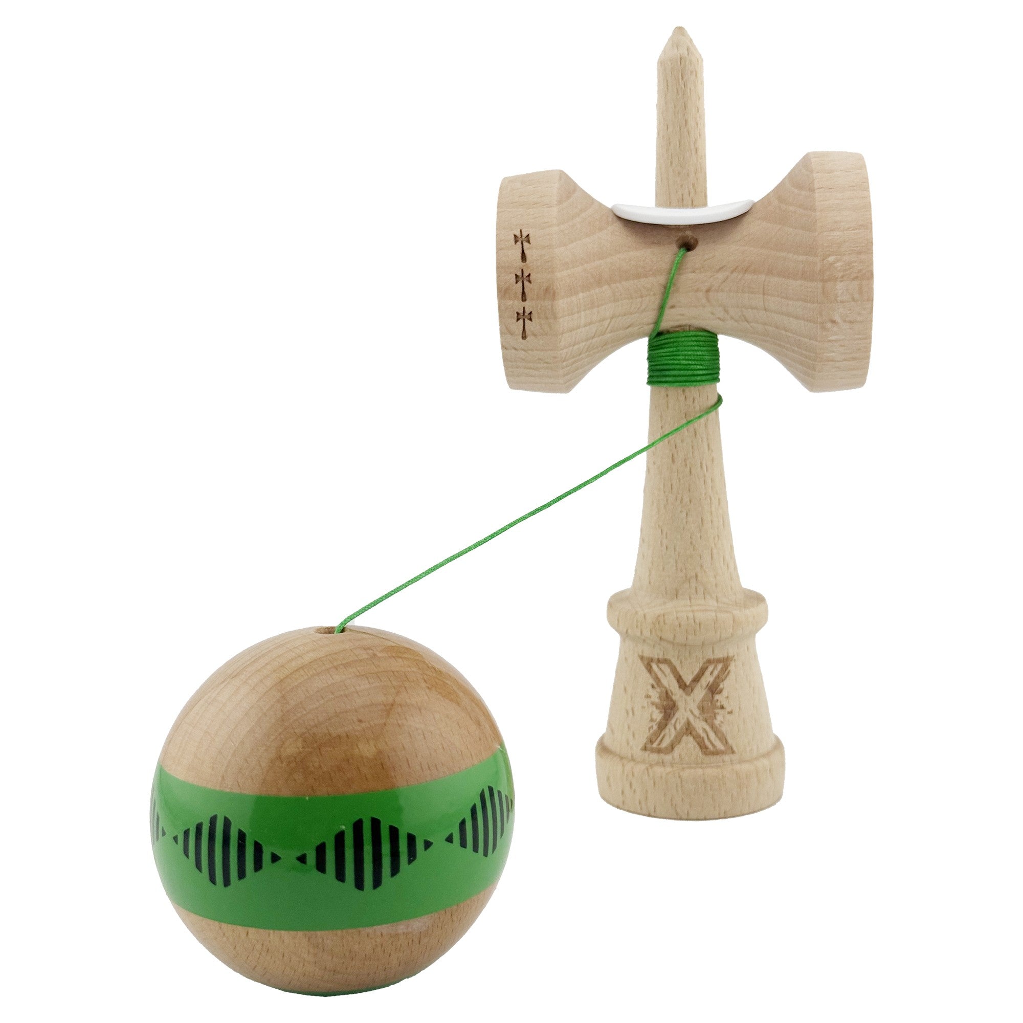 Kendama X Originala FREQUENCY, Profesionala, Cupe Mari KING SIZE V3, Super Sticky, Gaura in Baza, Rulment Metalic, din lemn 18 cm, Ata 62/65 cm, Verde/Maro