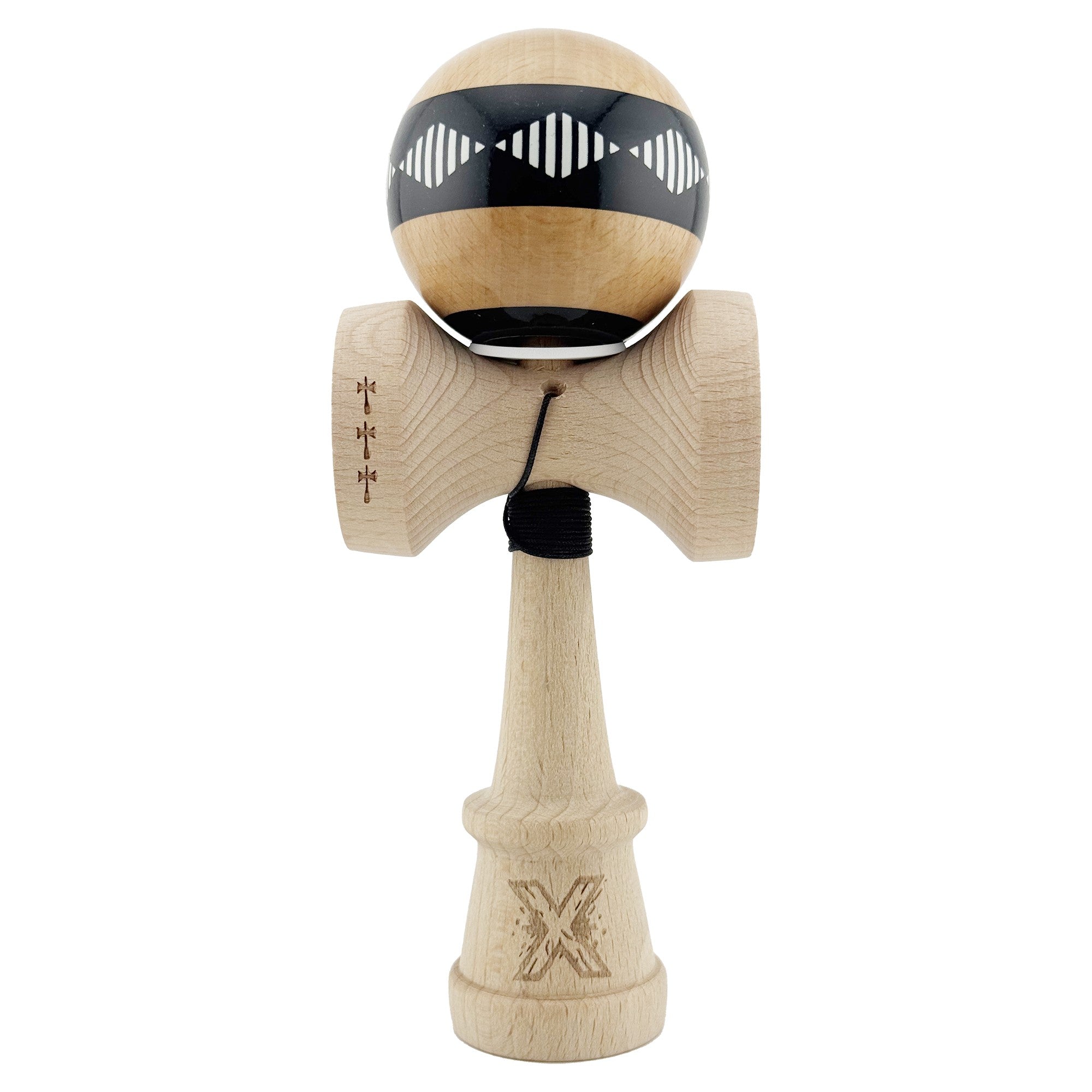 Kendama X Originala FREQUENCY, Profesionala, Cupe Mari KING SIZE V3, Super Sticky, Gaura in Baza, Rulment Metalic, din lemn 18 cm, Ata 62/65 cm, Negru/Maro