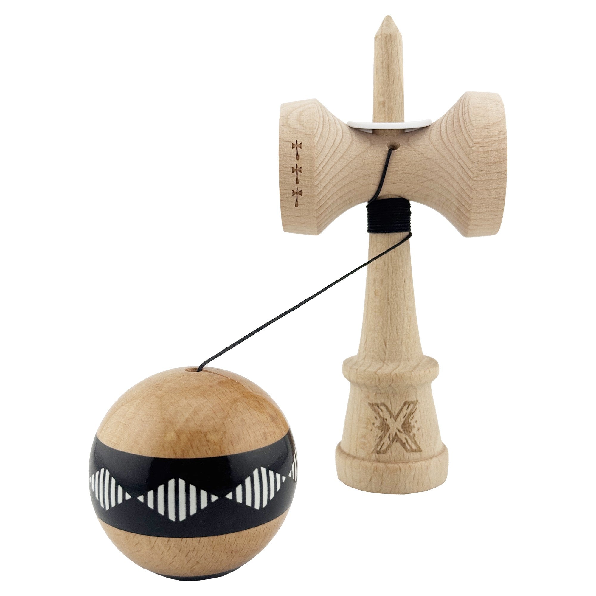 Kendama X Originala FREQUENCY, Profesionala, Cupe Mari KING SIZE V3, Super Sticky, Gaura in Baza, Rulment Metalic, din lemn 18 cm, Ata 62/65 cm, Negru/Maro
