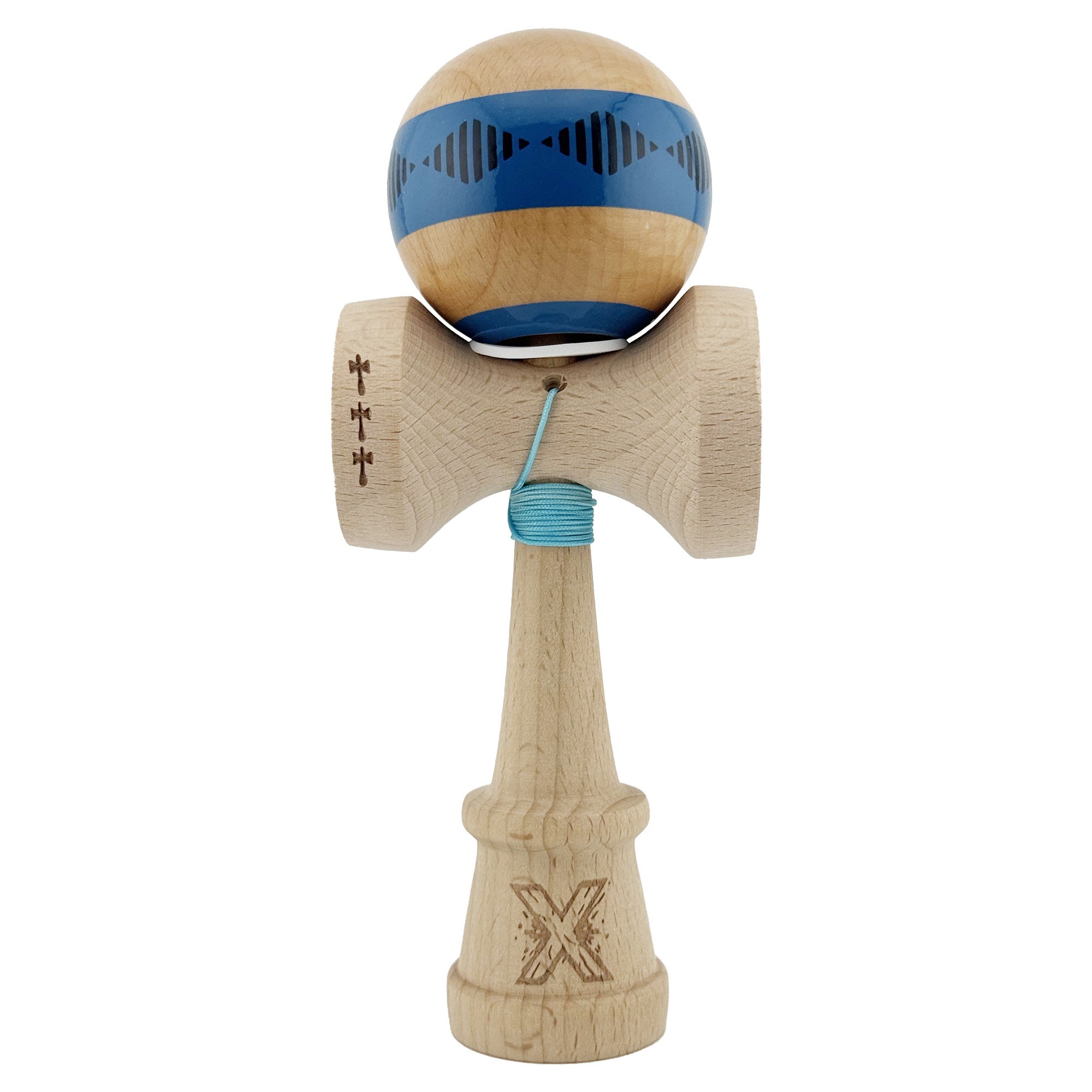 Kendama X Originala FREQUENCY, Profesionala, Cupe Mari KING SIZE V3, Super Sticky, Gaura in Baza, Rulment Metalic, din lemn 18 cm, Ata 62/65 cm, Albastru/Maro