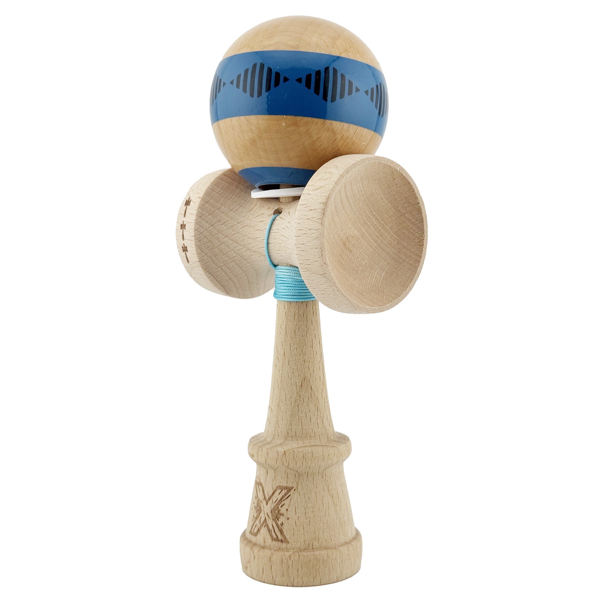 Kendama X Originala FREQUENCY, Profesionala, Cupe Mari KING SIZE V3, Super Sticky, Gaura in Baza, Rulment Metalic, din lemn 18 cm, Ata 62/65 cm, Albastru/Maro