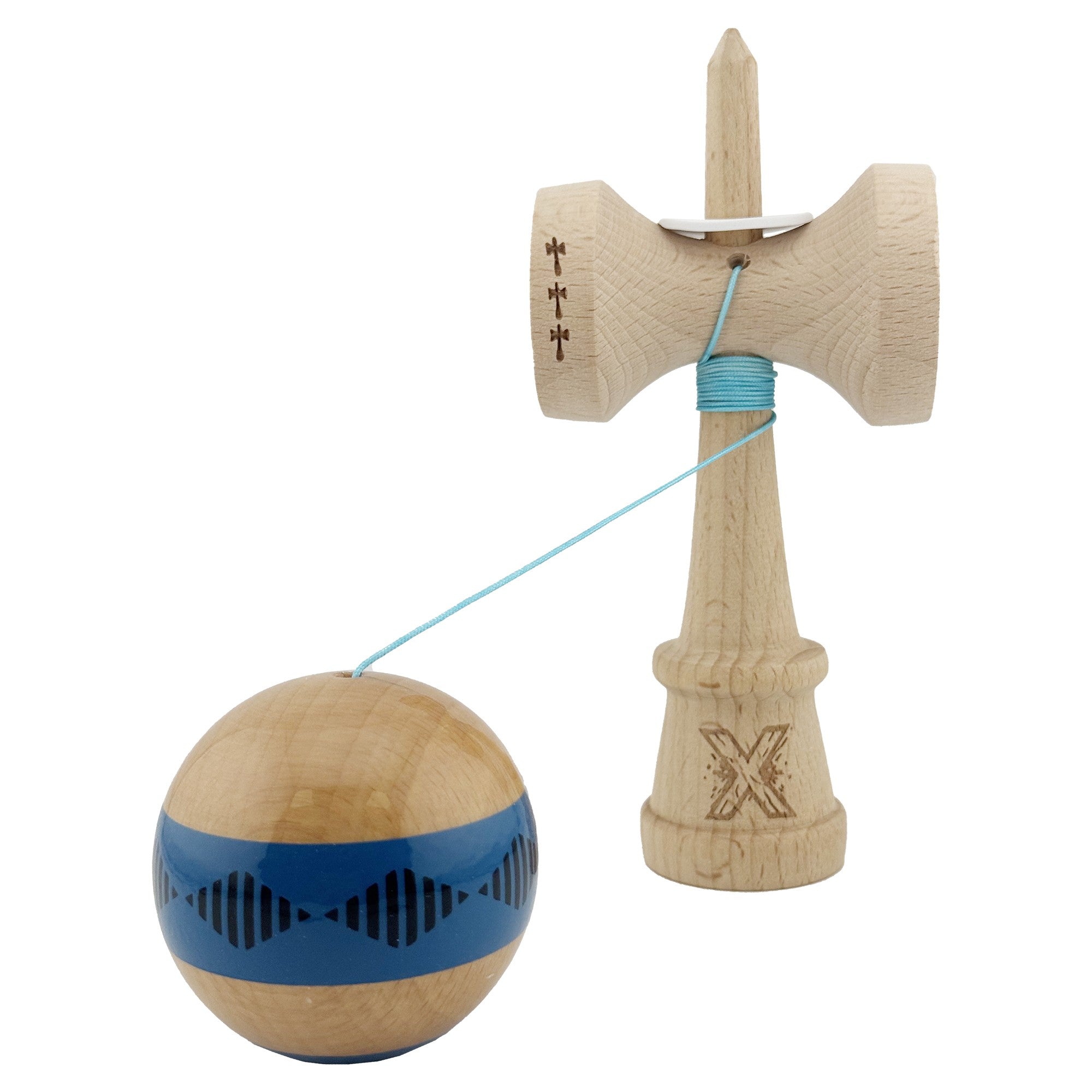 Kendama X Originala FREQUENCY, Profesionala, Cupe Mari KING SIZE V3, Super Sticky, Gaura in Baza, Rulment Metalic, din lemn 18 cm, Ata 62/65 cm, Albastru/Maro