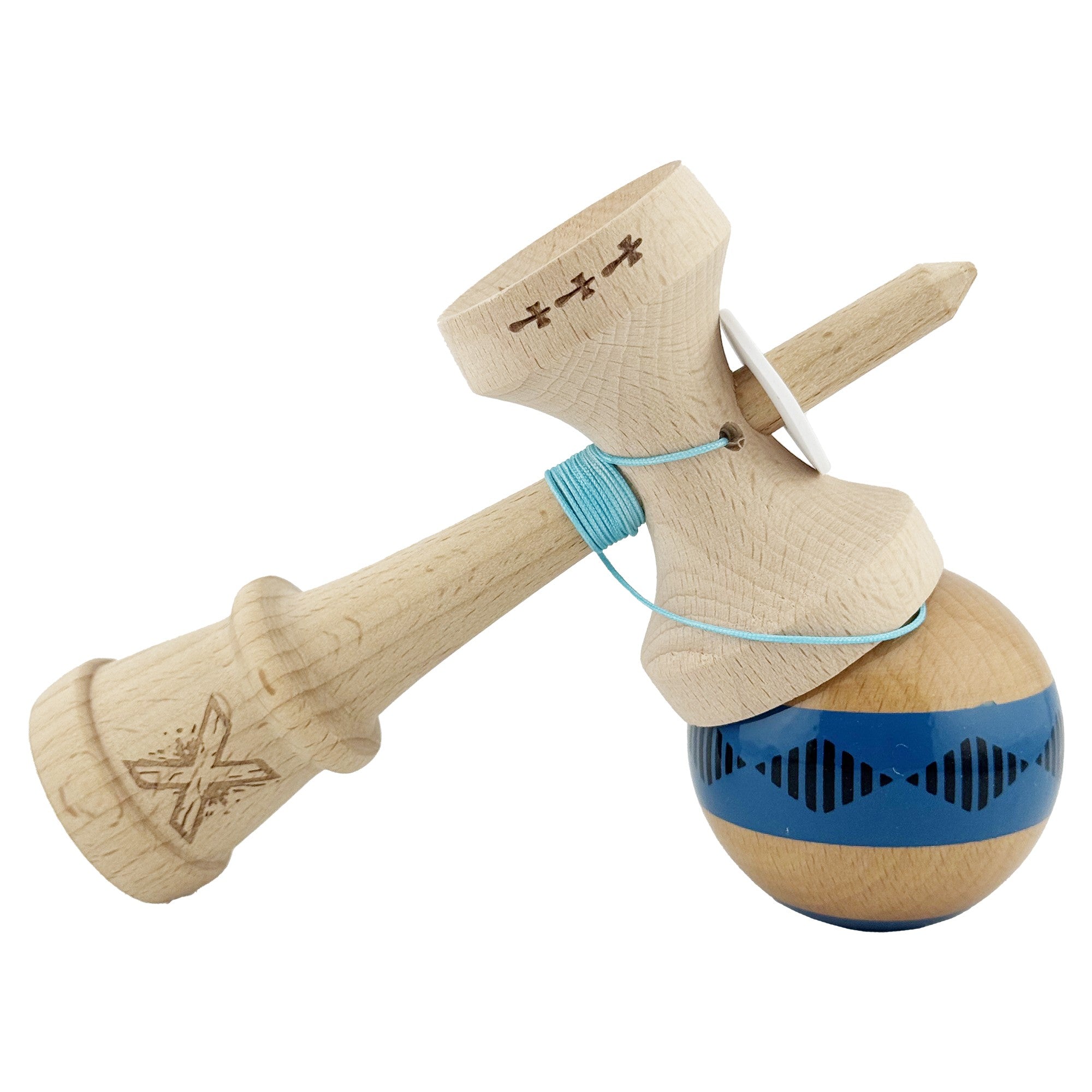 Kendama X Originala FREQUENCY, Profesionala, Cupe Mari KING SIZE V3, Super Sticky, Gaura in Baza, Rulment Metalic, din lemn 18 cm, Ata 62/65 cm, Albastru/Maro