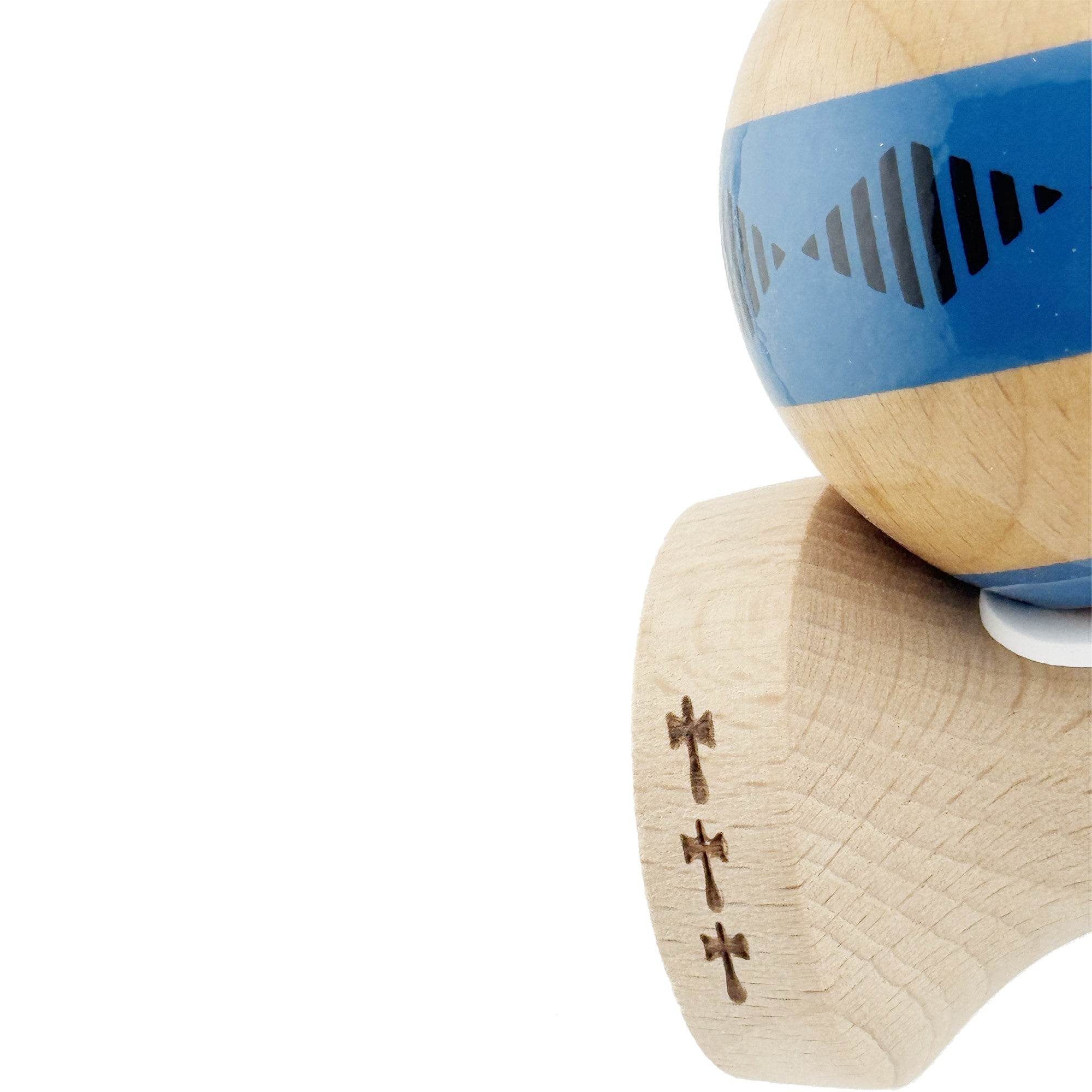Kendama X Originala FREQUENCY, Profesionala, Cupe Mari KING SIZE V3, Super Sticky, Gaura in Baza, Rulment Metalic, din lemn 18 cm, Ata 62/65 cm, Albastru/Maro